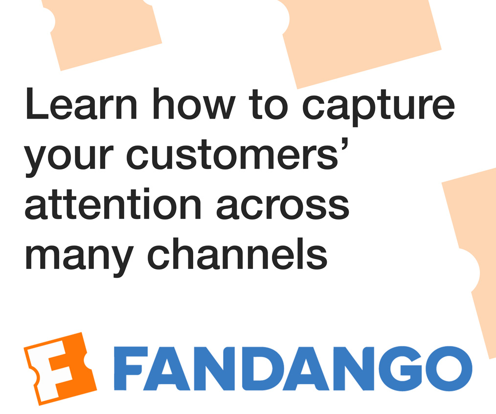 Display ad in MPU format for presentation by Fandango at ClickZ Conference, using Fandango's logo, colors, and branding elements. Text reads, 'Learn how to capture your customers' attention across many channels.'