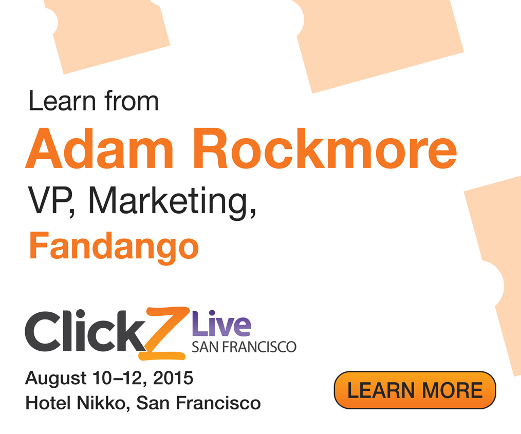 Display ad in MPU format for presentation by Fandango at ClickZ Conference, using Fandango's logo, colors, and branding elements. Presenter is Adam Rockmore, vice president of marketing at Fandango.