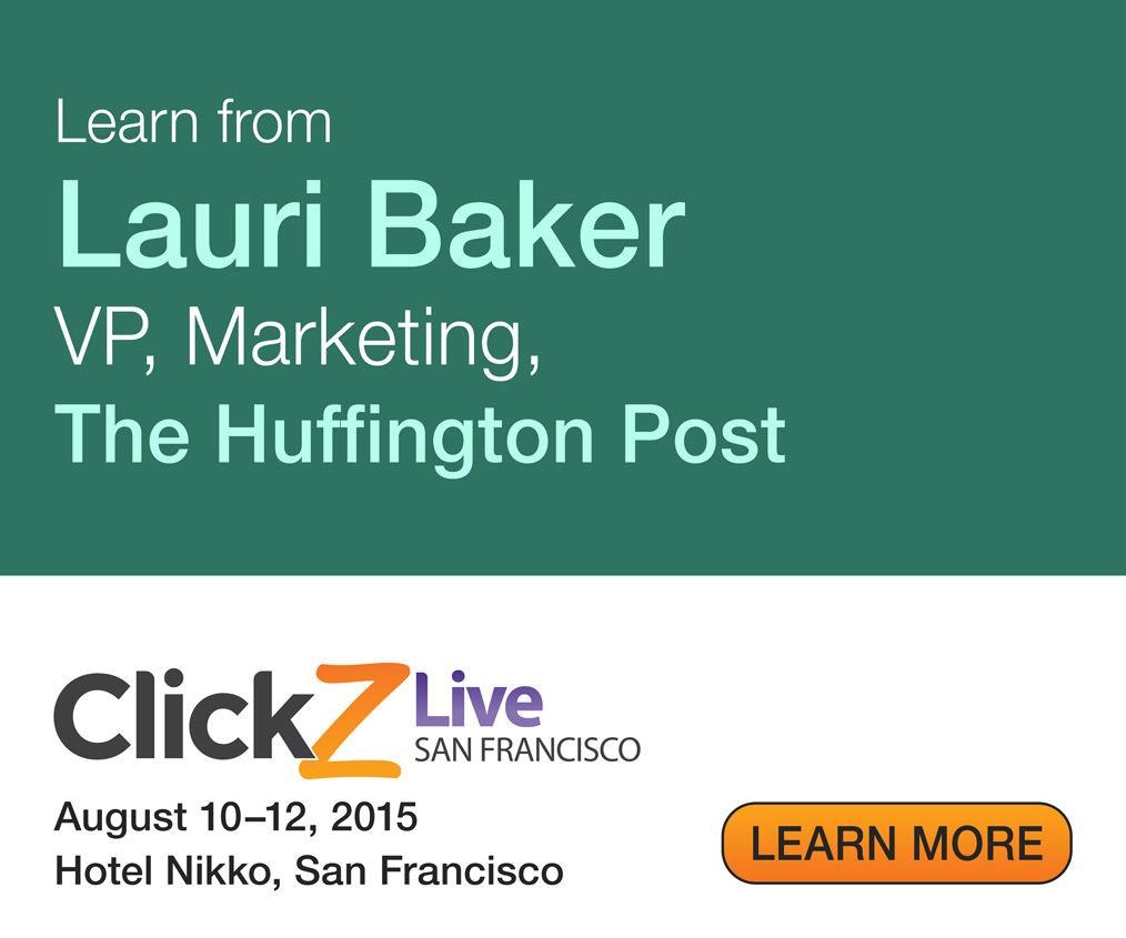Display ad in MPU format for presentation by Huffpost at ClickZ Conference, using Huffpost's logo, colors, and branding elements. Presenter is Lauri Baker, vice president of marketing at Huffpost.