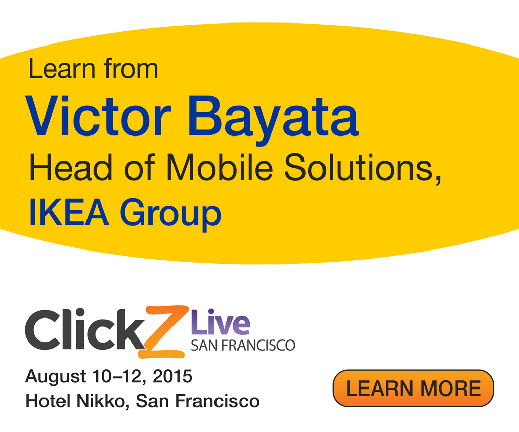 Display ad in MPU format for presentation by IKEA at ClickZ Conference, using IKEA's logo, colors, and branding elements. Presenter is Victor Bayata, head of mobile solutions at IKEA Group.