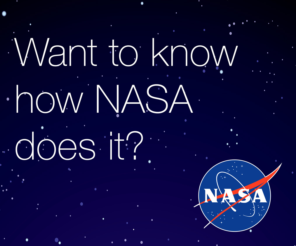 Display ad in MPU format for presentation by NASA at ClickZ Conference, using NASA's logo, colors, and branding elements. Text reads, 'Want to know how NASA does it?'