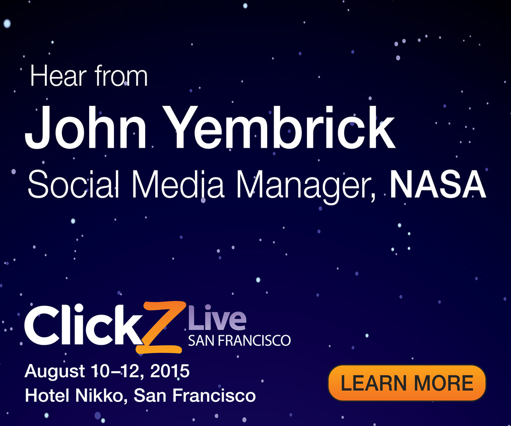 Display ad in MPU format for presentation by NASA at ClickZ Conference, using NASA's logo, colors, and branding elements. Presenter is John Yembrick, social media manager at NASA.