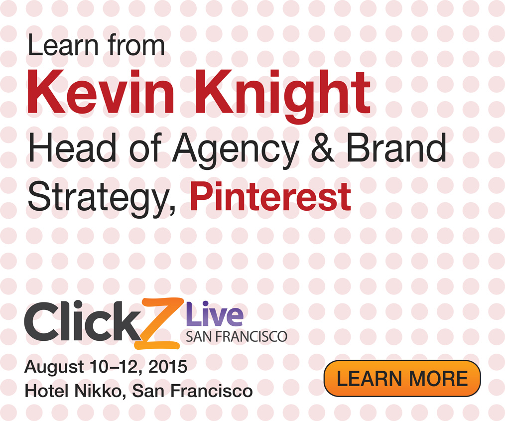 Display ad in MPU format for presentation by Pinterest at ClickZ Conference, using Pinterest's logo, colors, and branding elements. Presenter is Kevin Knight, head of agency and brand strategy at Pinterest.