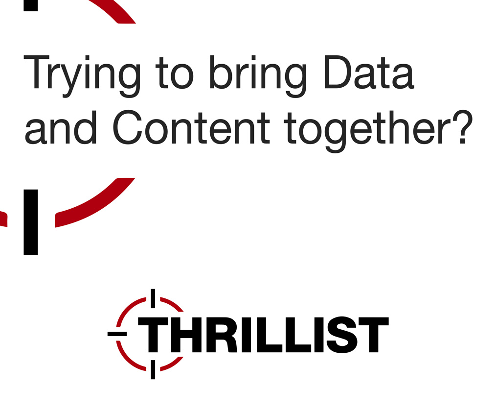 Display ad in MPU format for presentation by Thrillist at ClickZ Conference, using Thrillist's logo, colors, and branding elements. Text reads, 'Trying to bring data and content together?'