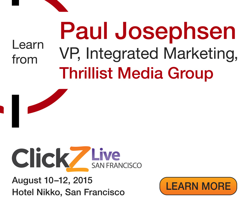 Display ad in MPU format for presentation by Thrillist at ClickZ Conference, using Thrillist's logo, colors, and branding elements. Speaker is Paul Josephsen, vice president of integrated marketing at Thrillist Media Group.