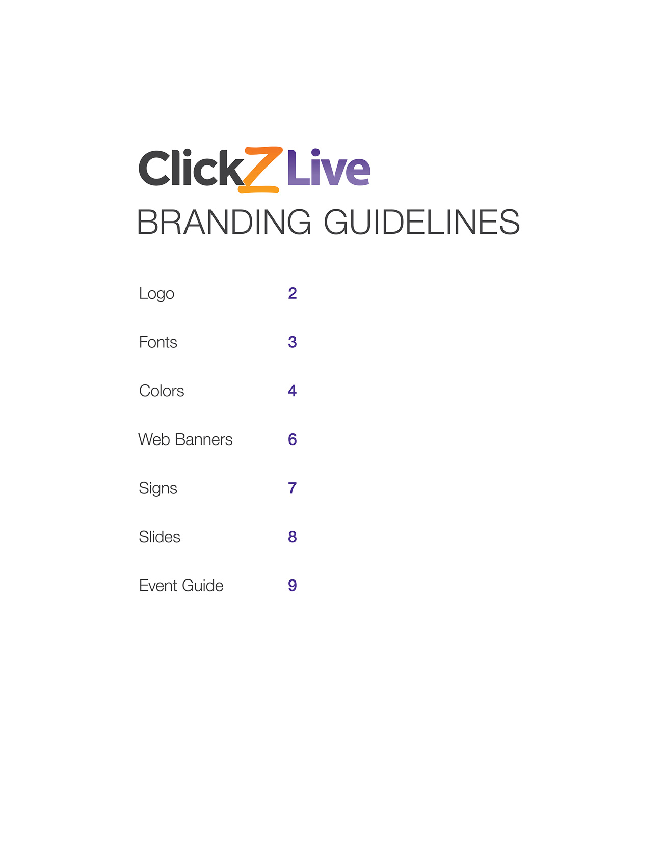 Cover of the branding guidelines for the ClickZ Live conference series. Includes ClickZ Live logo, which is orange, purple, and dark grey. Also includes table of contents in purple and dark-grey text.