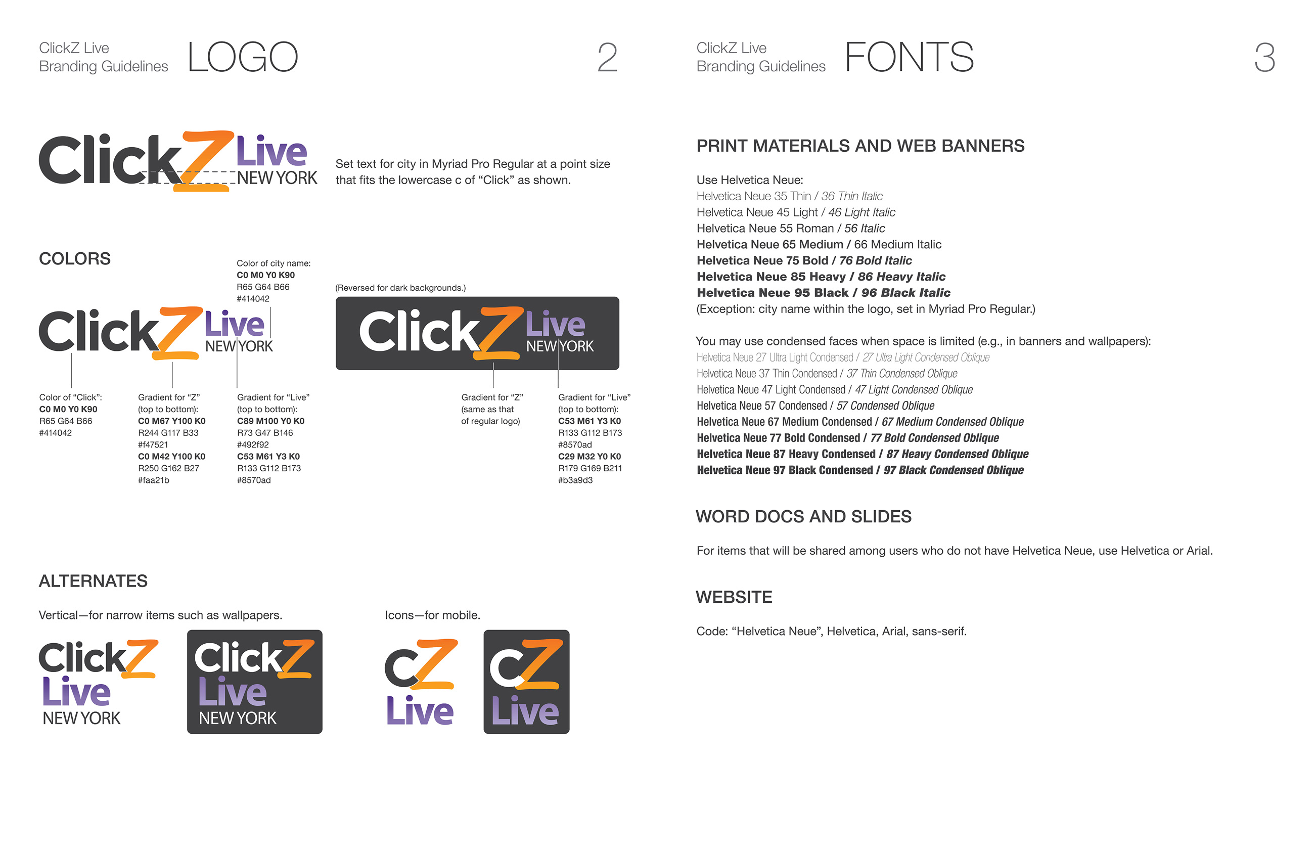 Spread from the branding guidelines for the ClickZ Live conference series. Shows the rules for using various forms of the ClickZ Live logo, which is orange, purple, and  either dark grey or white. Also shows rules for using the Helvetica Neue font.