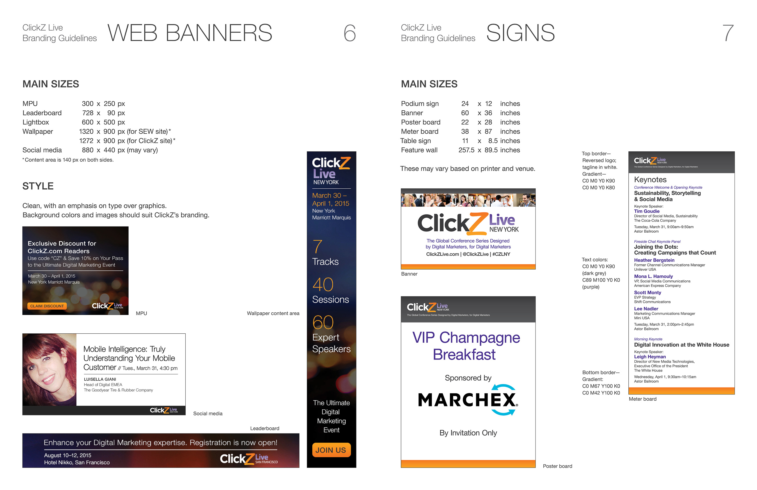 Spread from the branding guidelines for the ClickZ Live conference series. Shows examples of display ads, social media graphics, and signs, with notations on sizes and colors.