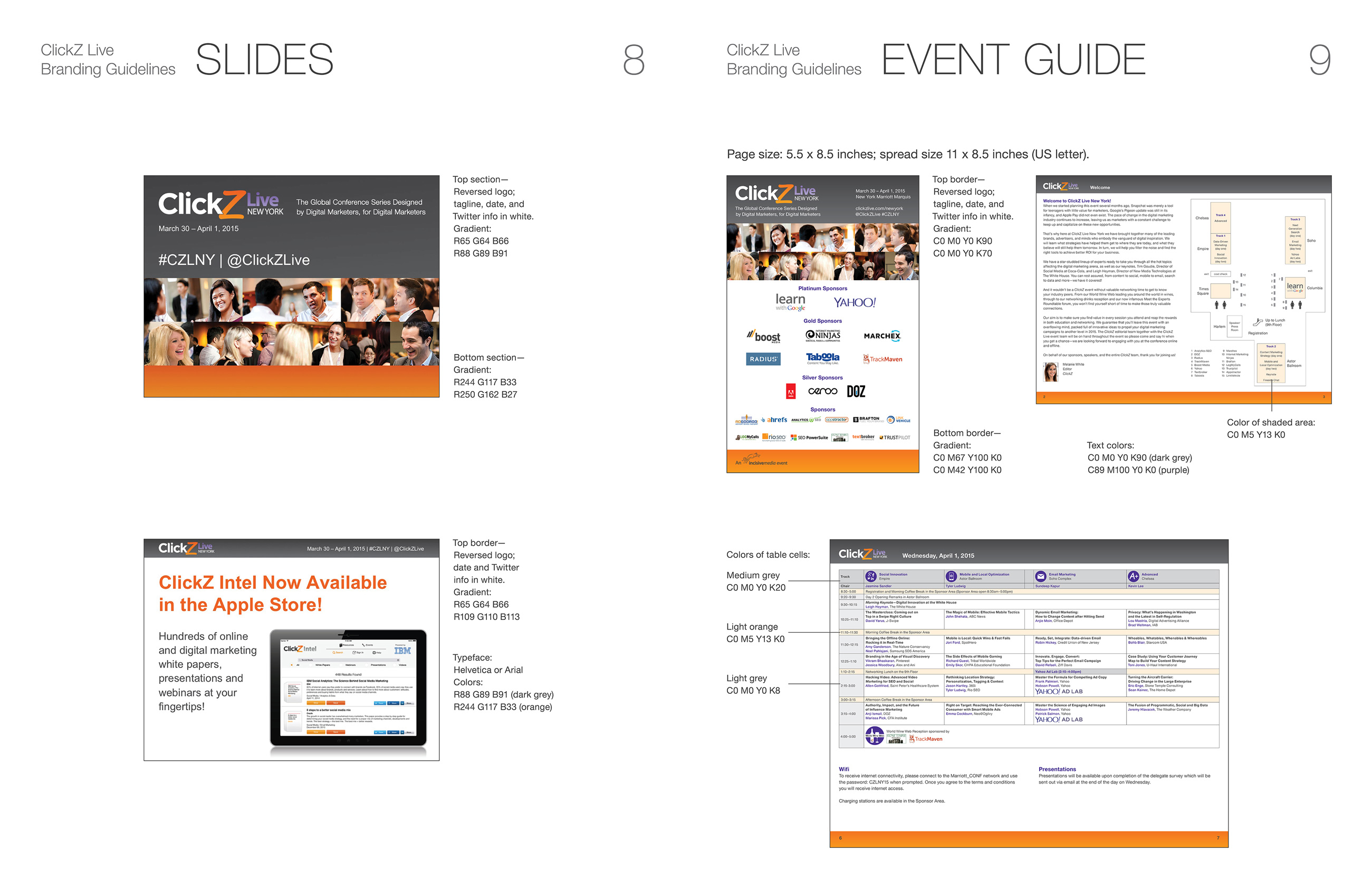 Spread from the branding guidelines for the ClickZ Live conference series. Shows examples of slides and event guides, with notations on sizes and colors.
