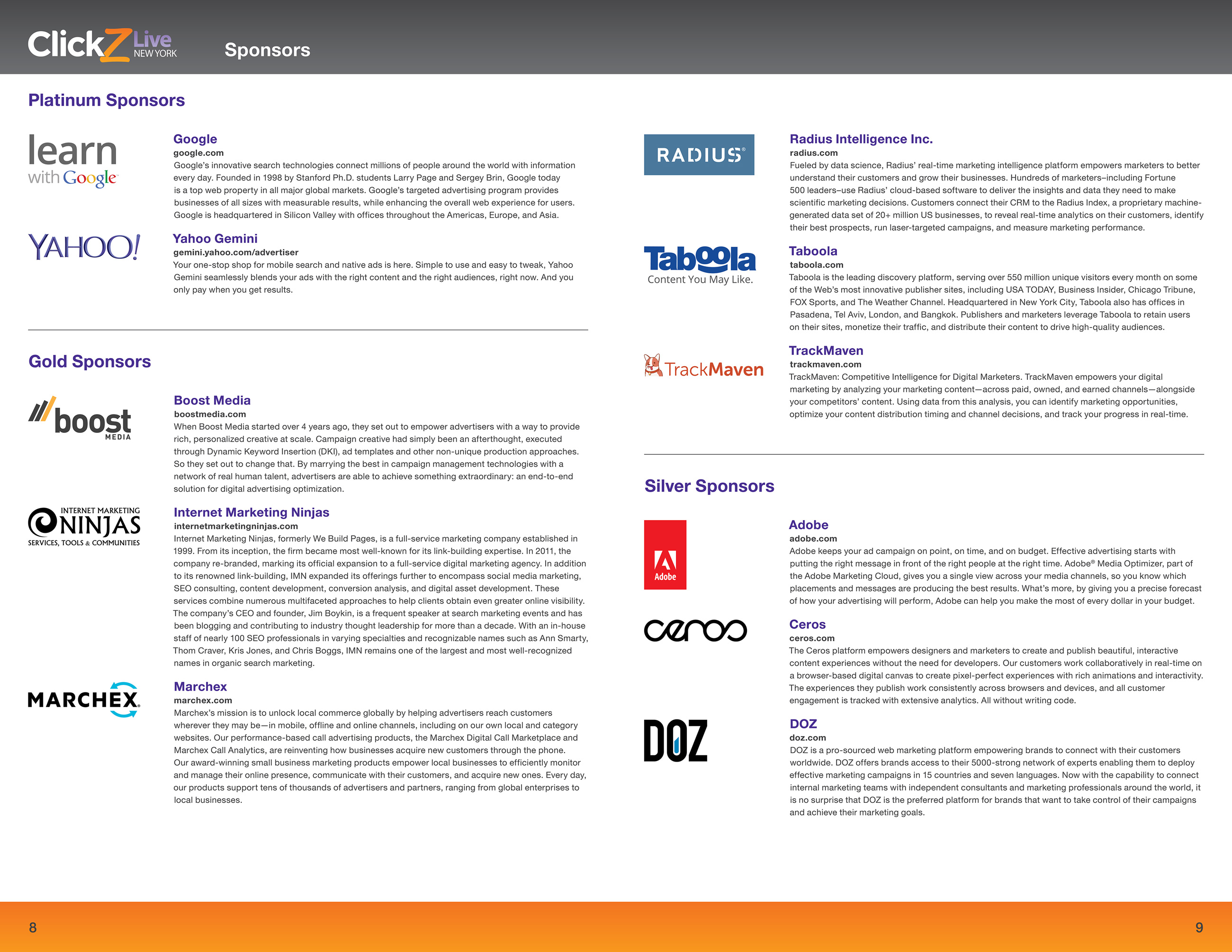 Spread from the conference guide for ClickZ Live New York. Shows descriptions and logos of the platinum, gold, and silver sponsors. Platinum sponsors are Google and Yahoo.