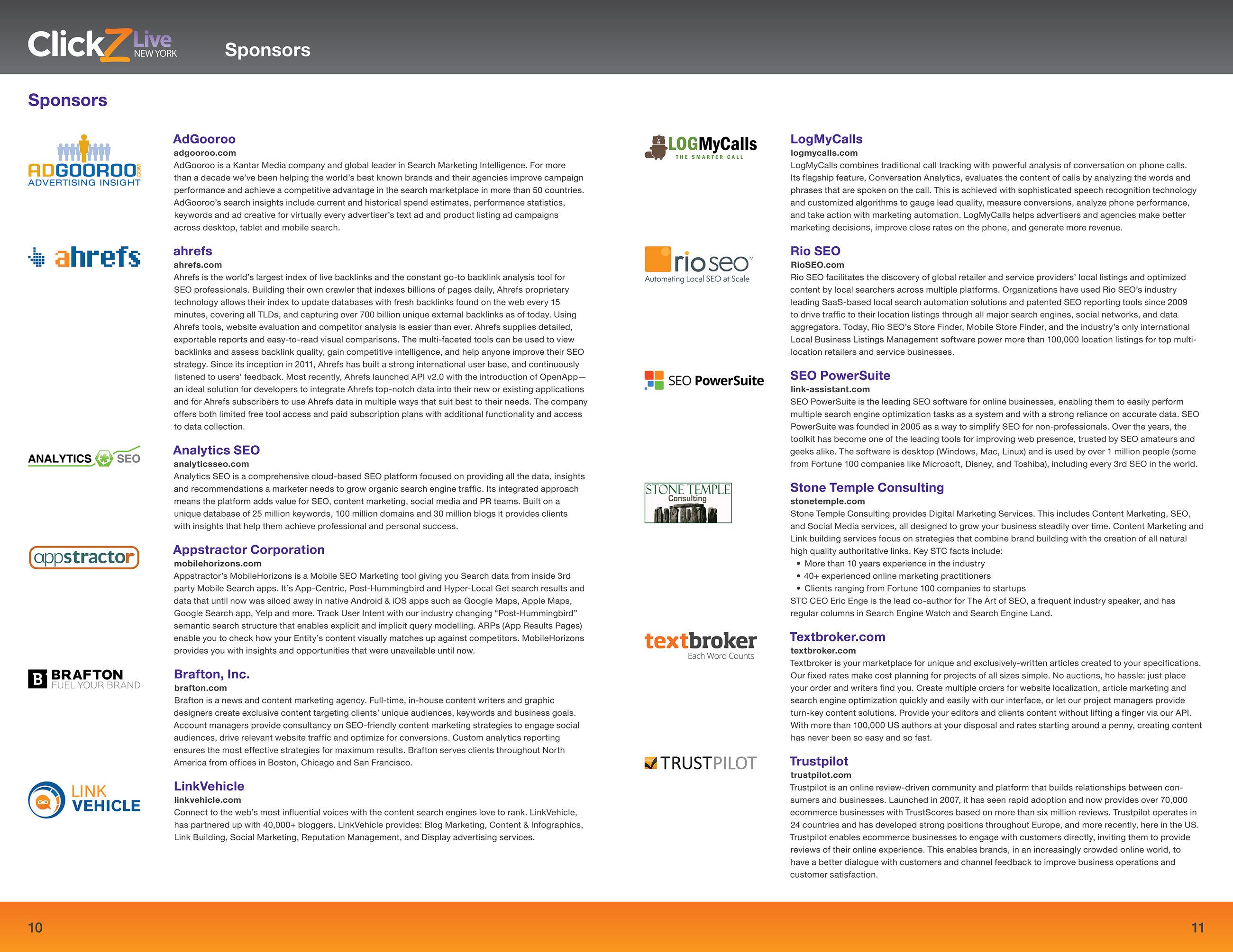 Spread from the conference guide for ClickZ Live New York. Shows descriptions and logos of sponsors.