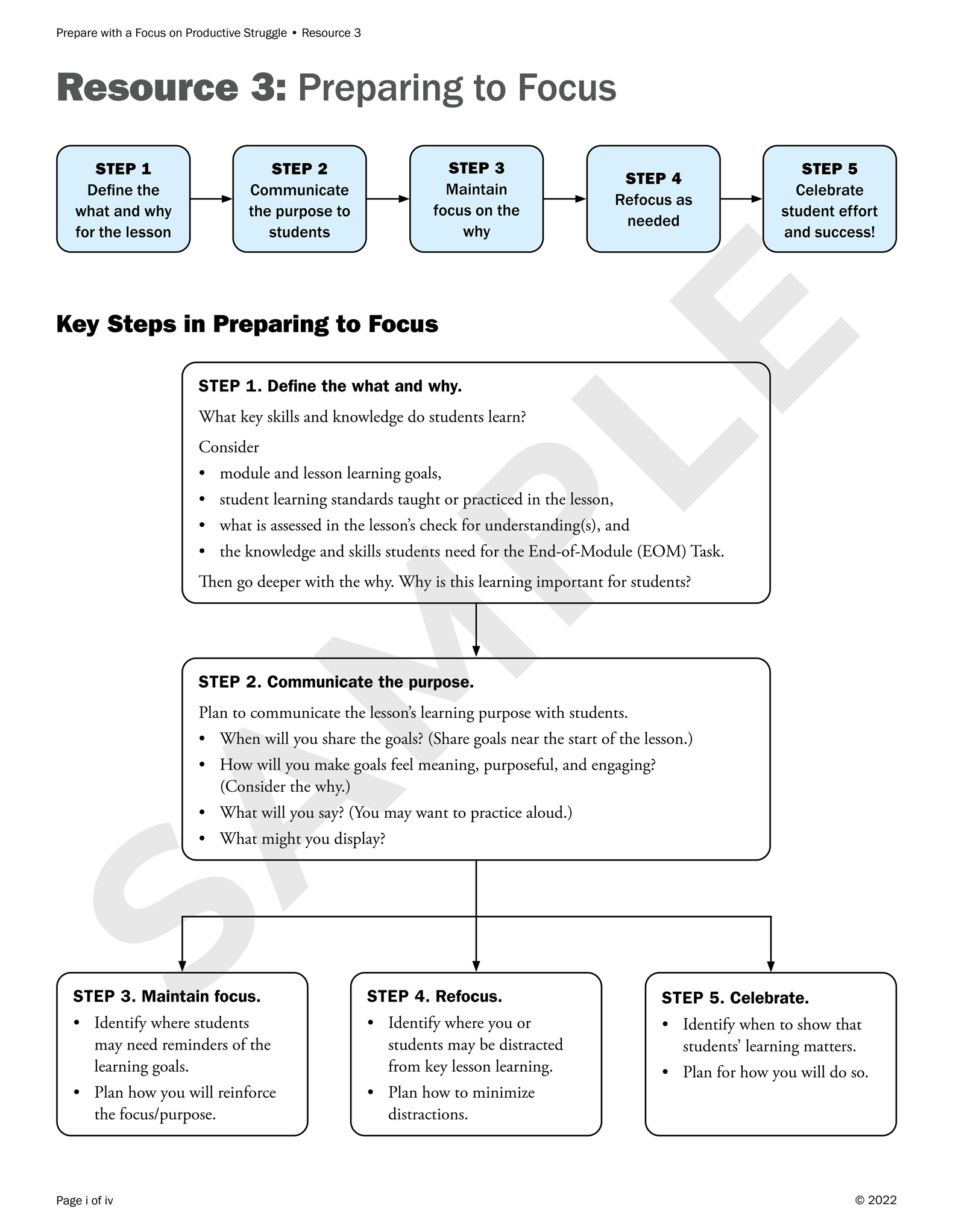 Page from a handout for a learning series for teachers. Two flow charts show the steps in preparing to focus students' learning. The first chart names and summarizes the steps: define the what and why, communicate the purpose, maintain focus, refocus, and celebrate. The second, larger, chart describes the steps using bullet points.