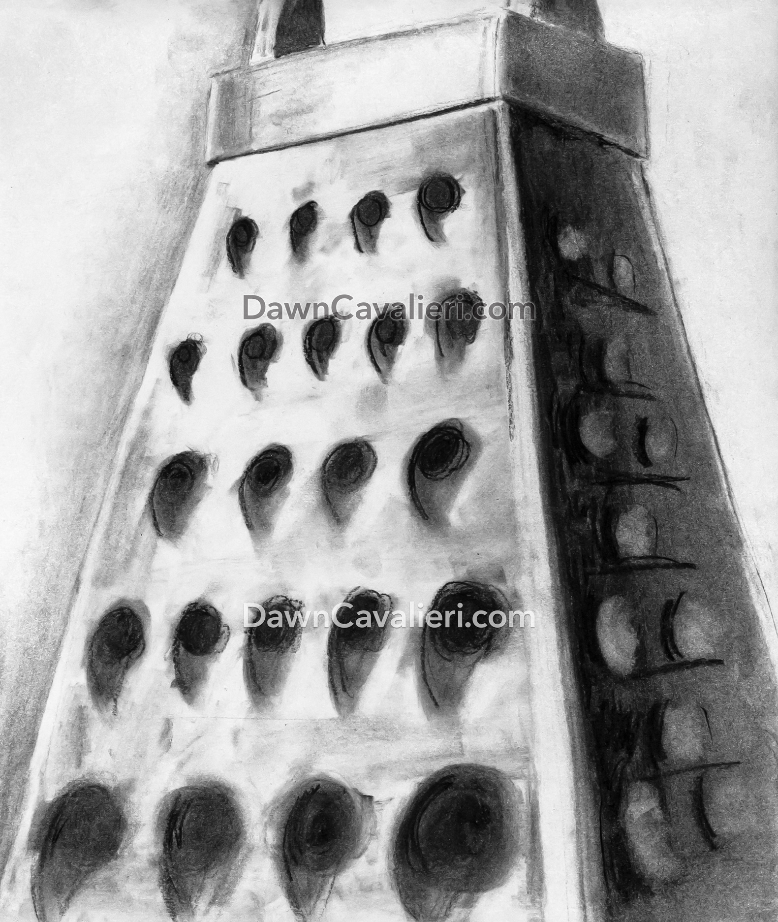 Three-point-perspective drawing of a cheese grater, done in charcoal on paper. The grater is drawn as if it were a monumental object, with the view looking upward; it is angled to the left. The front plane is light with dark holes; the side plane is the reverse.