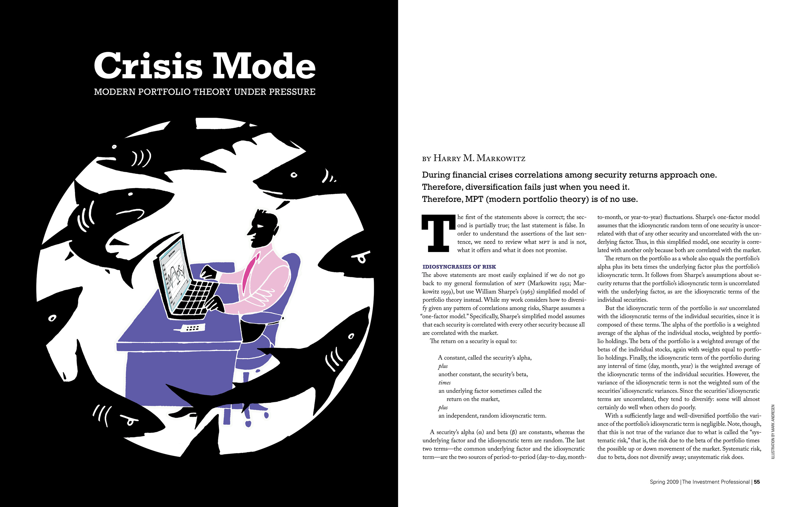 Opening spread of an article in The Investment Professional magazine, titled 'Crisis Mode: Modern Portfolio Theory under Pressure.' The author is Nobel Prize–winning economist Harry Markowitz. On the left-hand page is an illustration of a businessman. He is sitting at a desk and looking at a computer screen that shows a line graph. Sharks are swimming all around him. The illustration is cropped within a circular frame to suggest a fish tank. The background of the page is black; the headline sits above the illustration in white type.