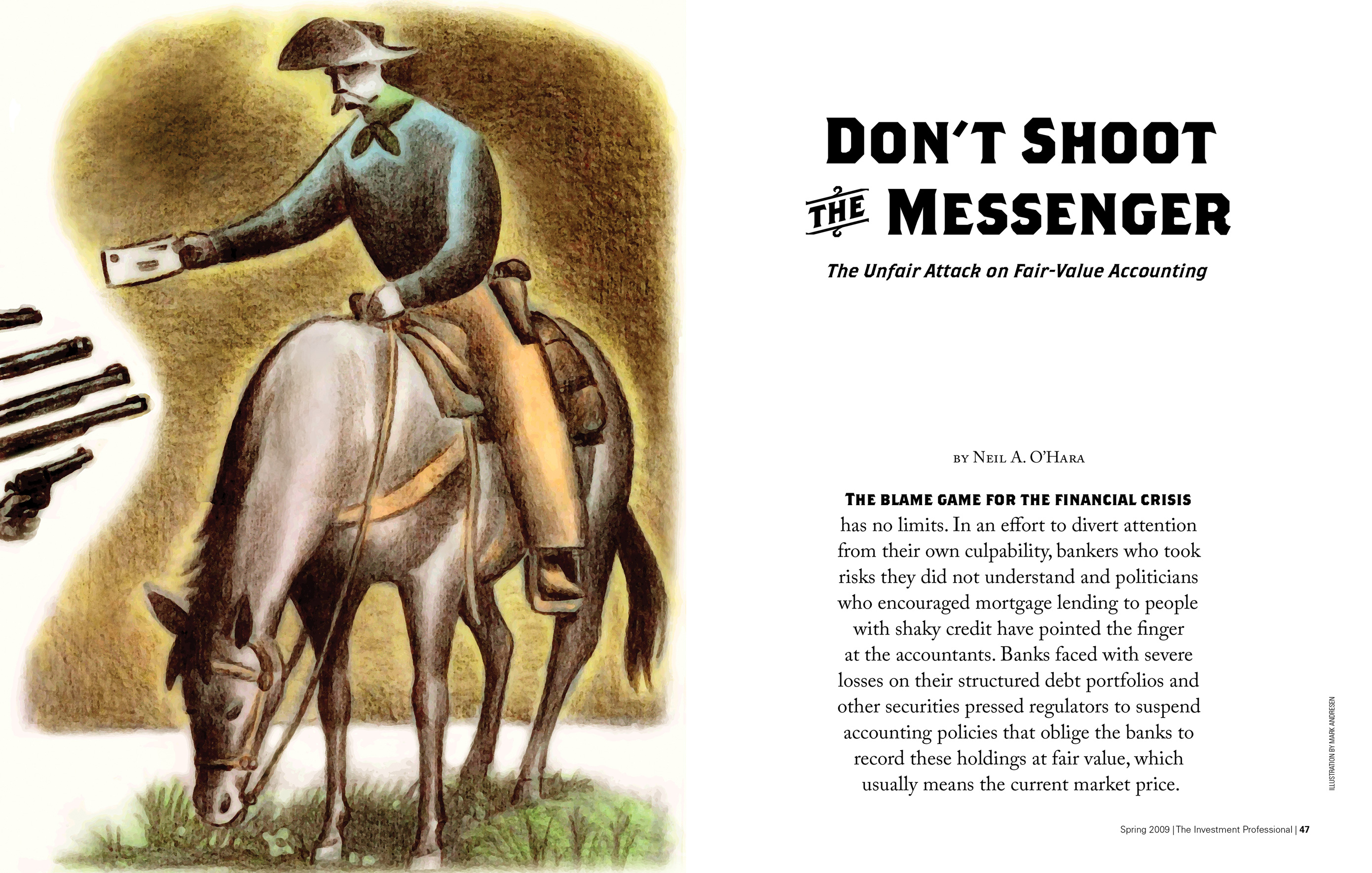 Opening spread of a feature article in The Investment Professional magazine, titled 'Don’t Shoot the Messenger: The Unfair Attack on Fair-Value Accounting.' In a full-page illustration, a cowboy sits on a horse and holds out a piece of mail. Four rifles and a pistol are aimed at him from the left edge of the image.