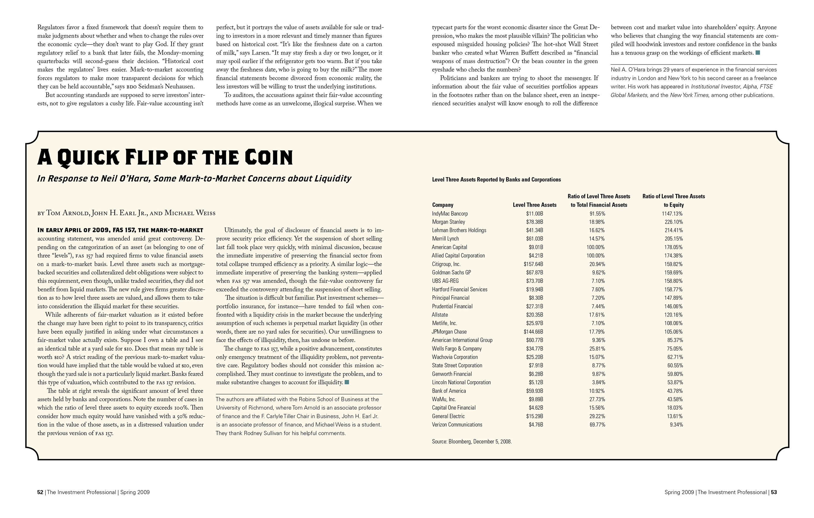 Fourth and final spread of the article titled 'Don’t Shoot the Messenger.' A sidebar styled like a billboard from the Old West discusses mark-to-market concerns about liquidity and includes a table on level-three assets reported by banks and corporations.