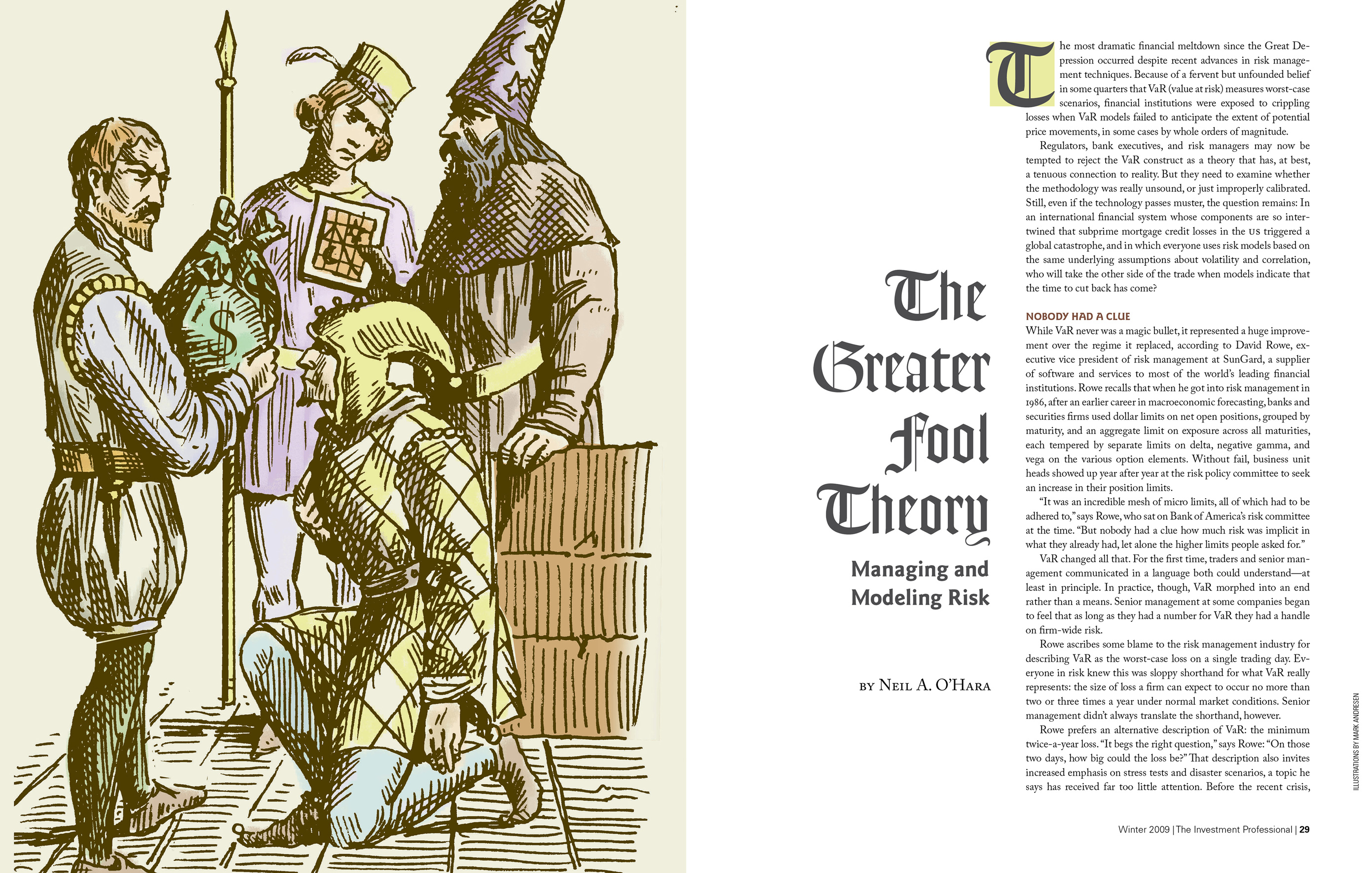 Opening spread of a feature article in The Investment Professional magazine, titled 'The Greater Fool Theory: Managing and Modeling Risk.' A full-page illustration shows a medieval jester kneeling in front of a nobleman who is holding a bag of money. A man holding a lance and wizard holding a diagram stand behind. The headline and initial cap are styled like letters in a medieval manuscript.