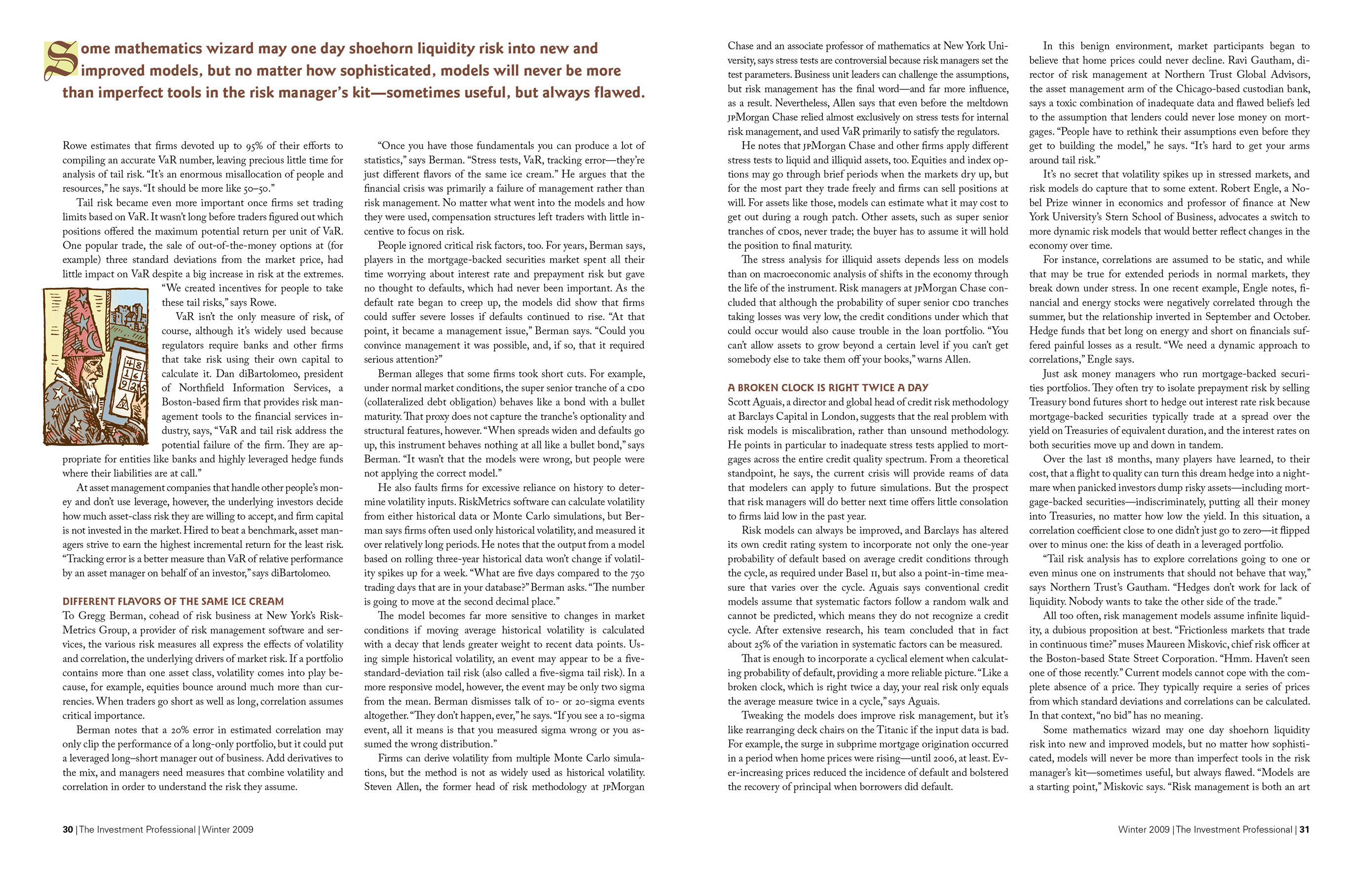 Second spread of the article titled 'The Greater Fool Theory.' The initial cap of the pull quote is styled like a letter in a medieval manuscript. A small illustration set into the text shows a medieval wizard writing esoteric calculations.