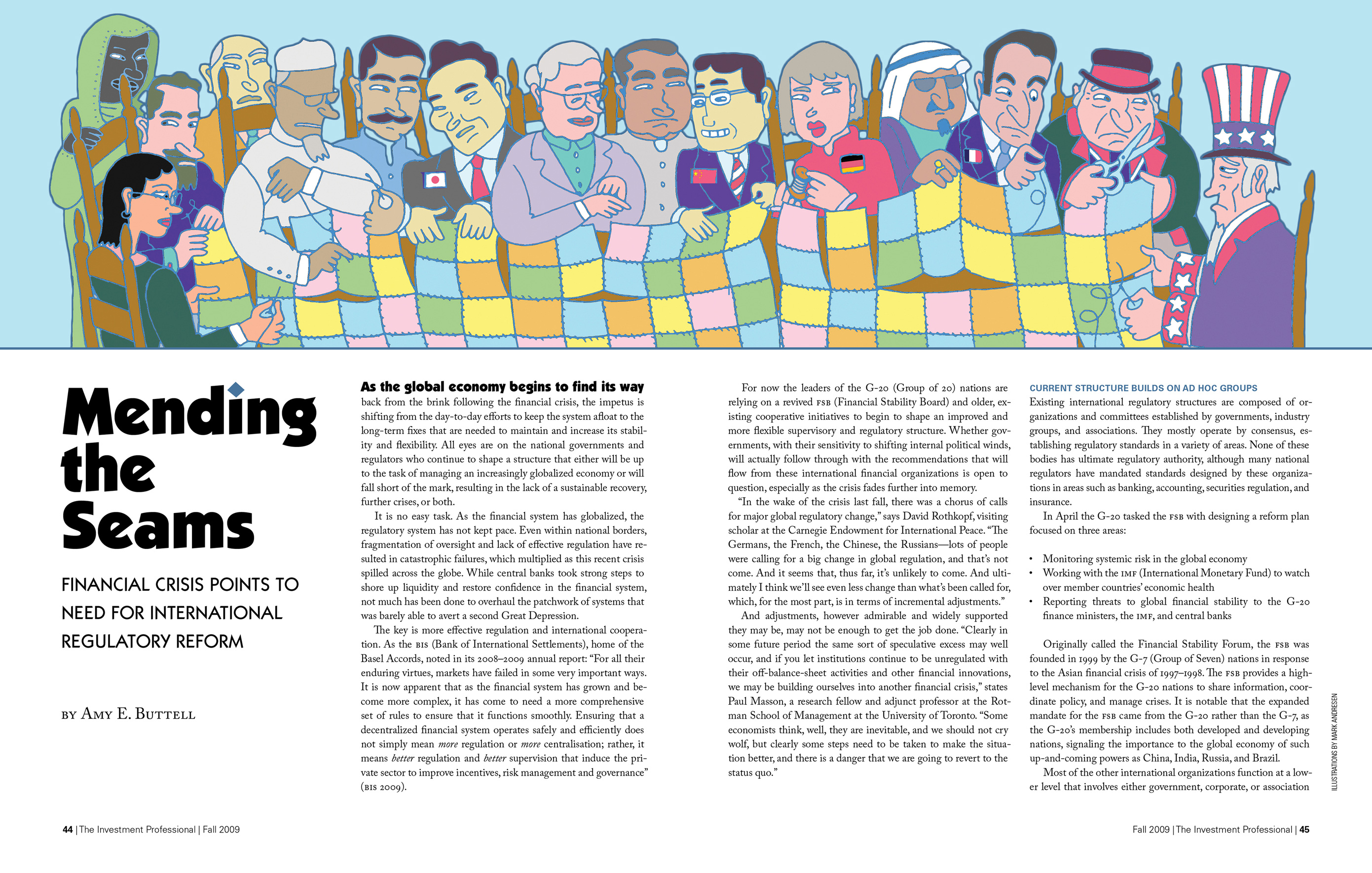 Opening spread of a feature article in The Investment Professional magazine, titled 'Mending the Seams: Financial Crisis Points to Need for International Regulatory Reform.' An illustration spans the top half of the spread, showing heads of state at a quilting session.
