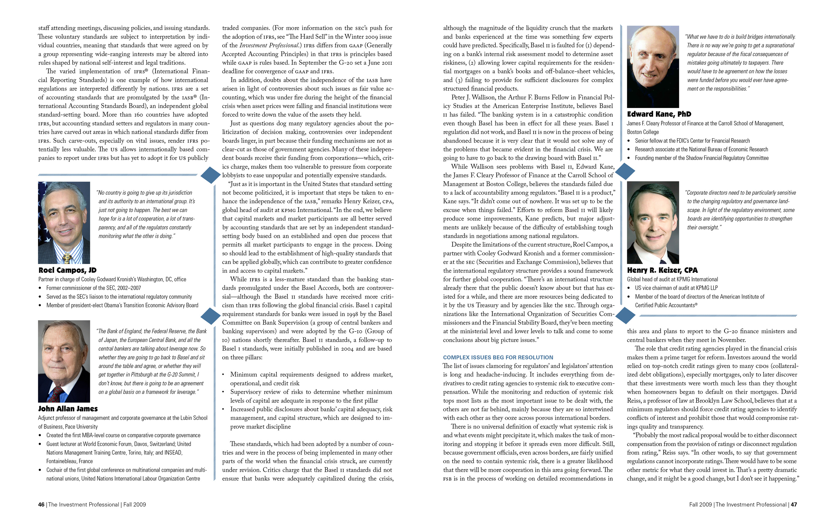 Second spread of the article titled 'Mending the Seams,' including headshots of and quotes from experts: Roel Campos of Cooley Godward Kronish; John Allan James of Lubin School of Business, Pace University; Edward Kane of Carroll School of Management, Boston College; and Henry R. Keizer of KPMG International.