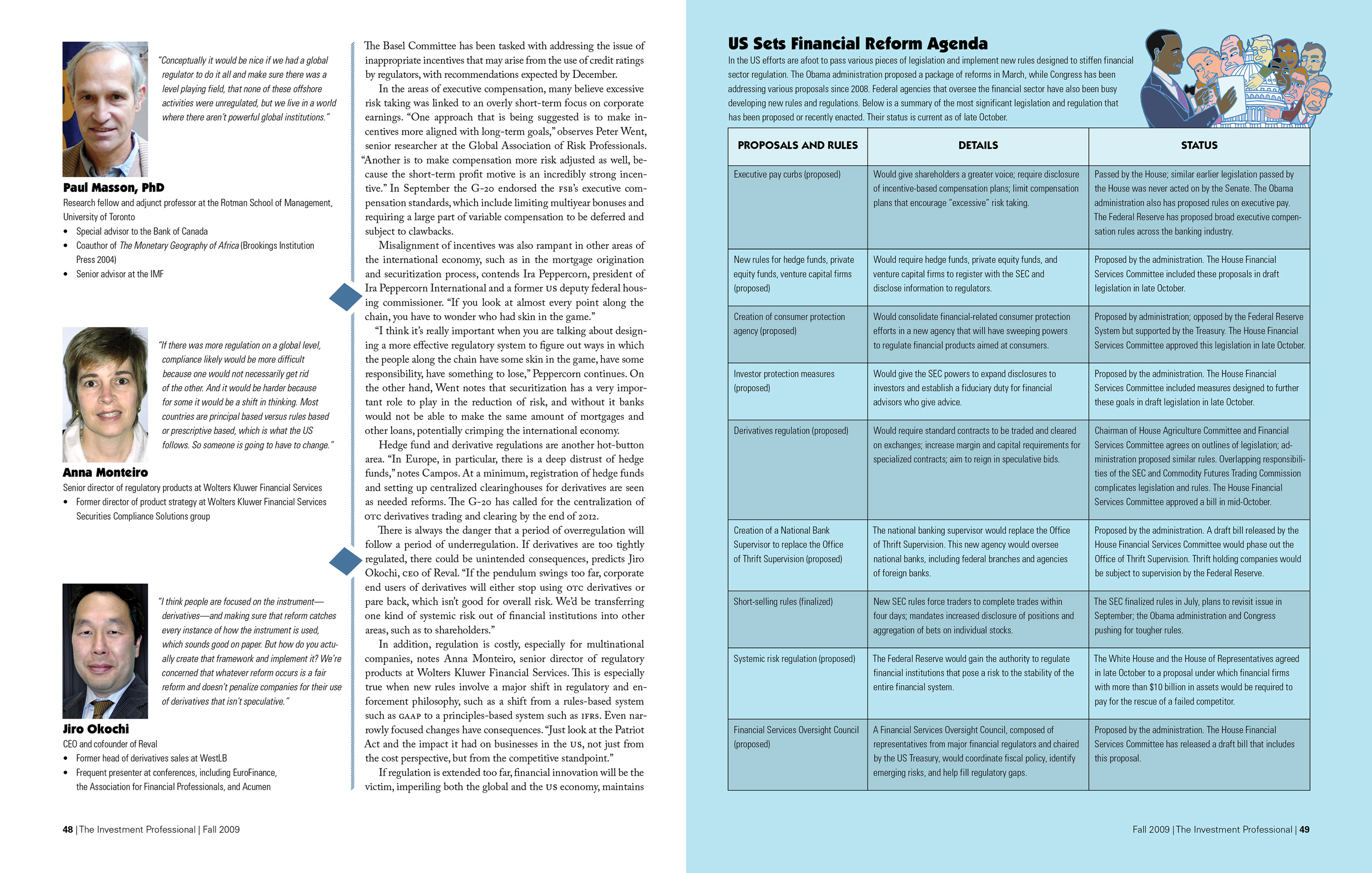 Third spread of the article titled 'Mending the Seams,' including headshots of and quotes from experts: Paul Masson of Rotman School of Management, University of Toronto; Anna Monteiro of Wolters Kluwer Financial Service; and Jiro Okochi of Reval. A table outlines rules and regulations proposed by the Obama administration for financial reform. Above the table is an illustration of Obama.