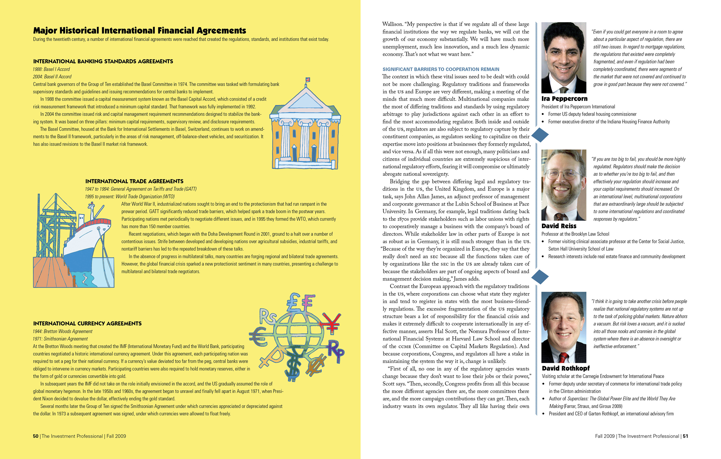 Fourth spread of the article titled 'Mending the Seams,' including headshots of and quotes from experts: Ira Peppercorn of Ira Peppercorn International; David Reiss of Brooklyn Law School; and David Rothkopf of Carnegie Endowment for International Peace. A sidebar describes historical international agreeements on banking standards, trade, and currency. There are three accompanying illustrations: a bank, a shipping vessel, and a globe surrounded by currency symbols, respectively.