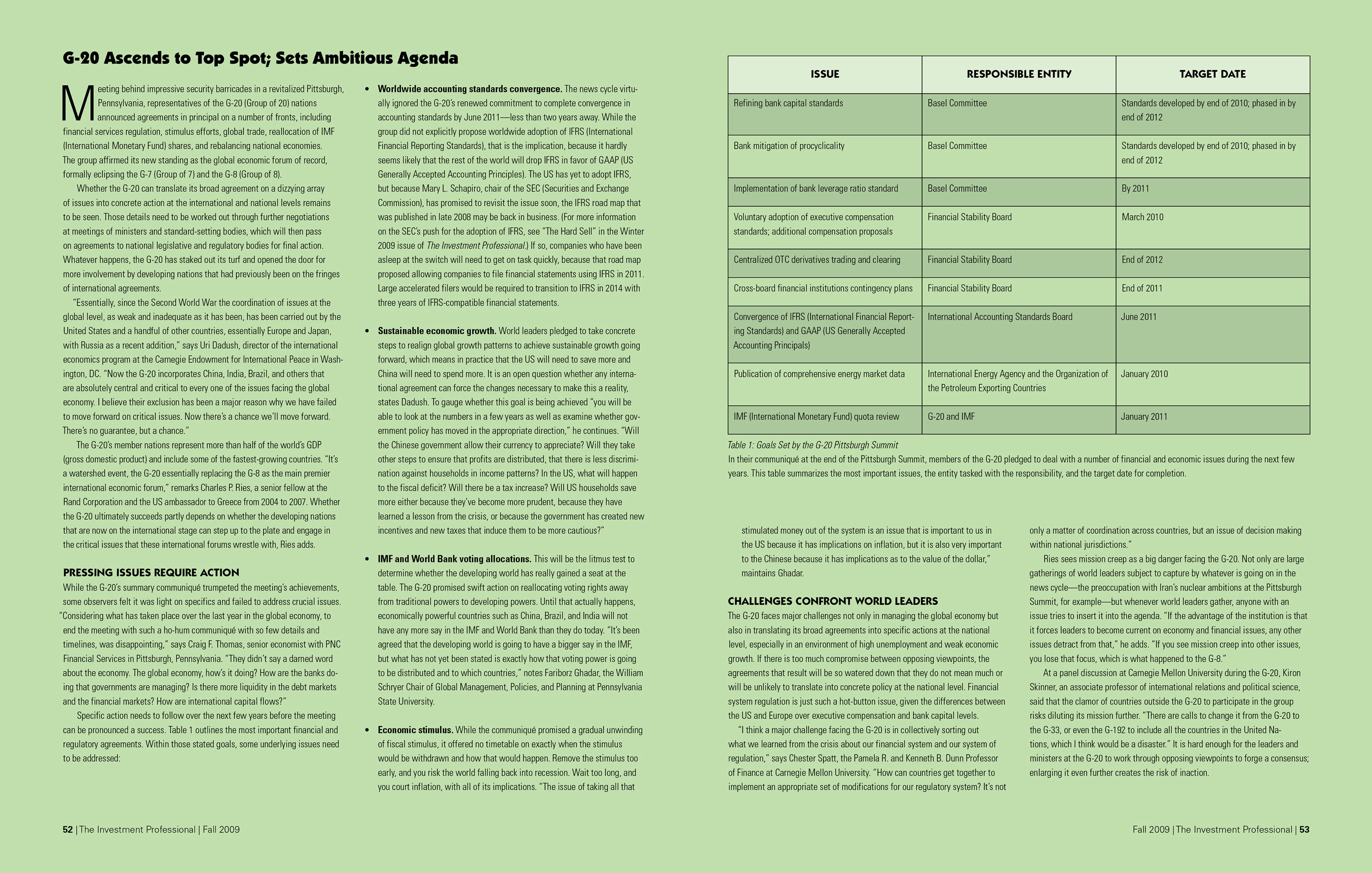 Fifth spread of the article in The Investment Professional magazine titled 'Mending the Seams.' It is a two-page sidebar titled 'G-20 Ascends to Top Spot; Sets Ambitious Agenda,' and includes a table on issues, responsible entities, and target dates.
