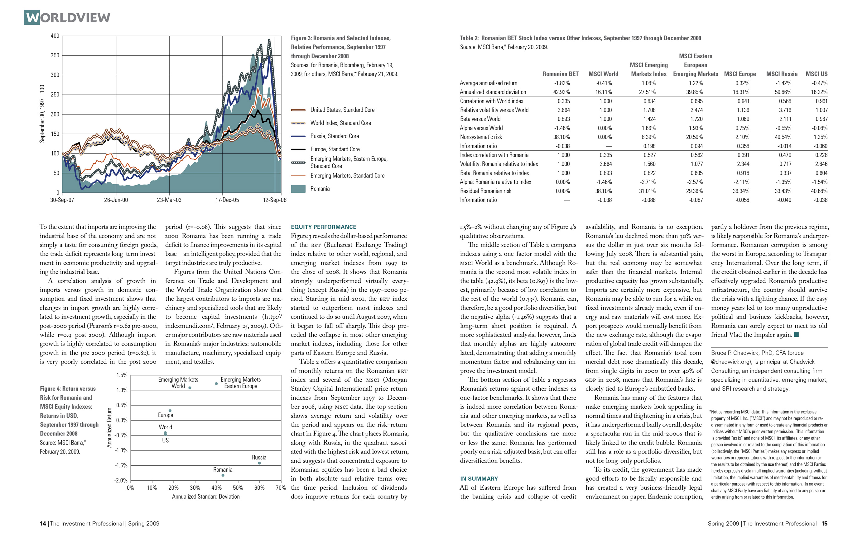 Second spread of the article titled 'On the Shores of the Black Sea.' A line graph in blue and brown plots the relative performance of Romania's index against selected indexes. A dot graph displays return versus risk for Romania and the MSCI Equity Index. A table compares the Romanian BET Stock Index with other indexes.