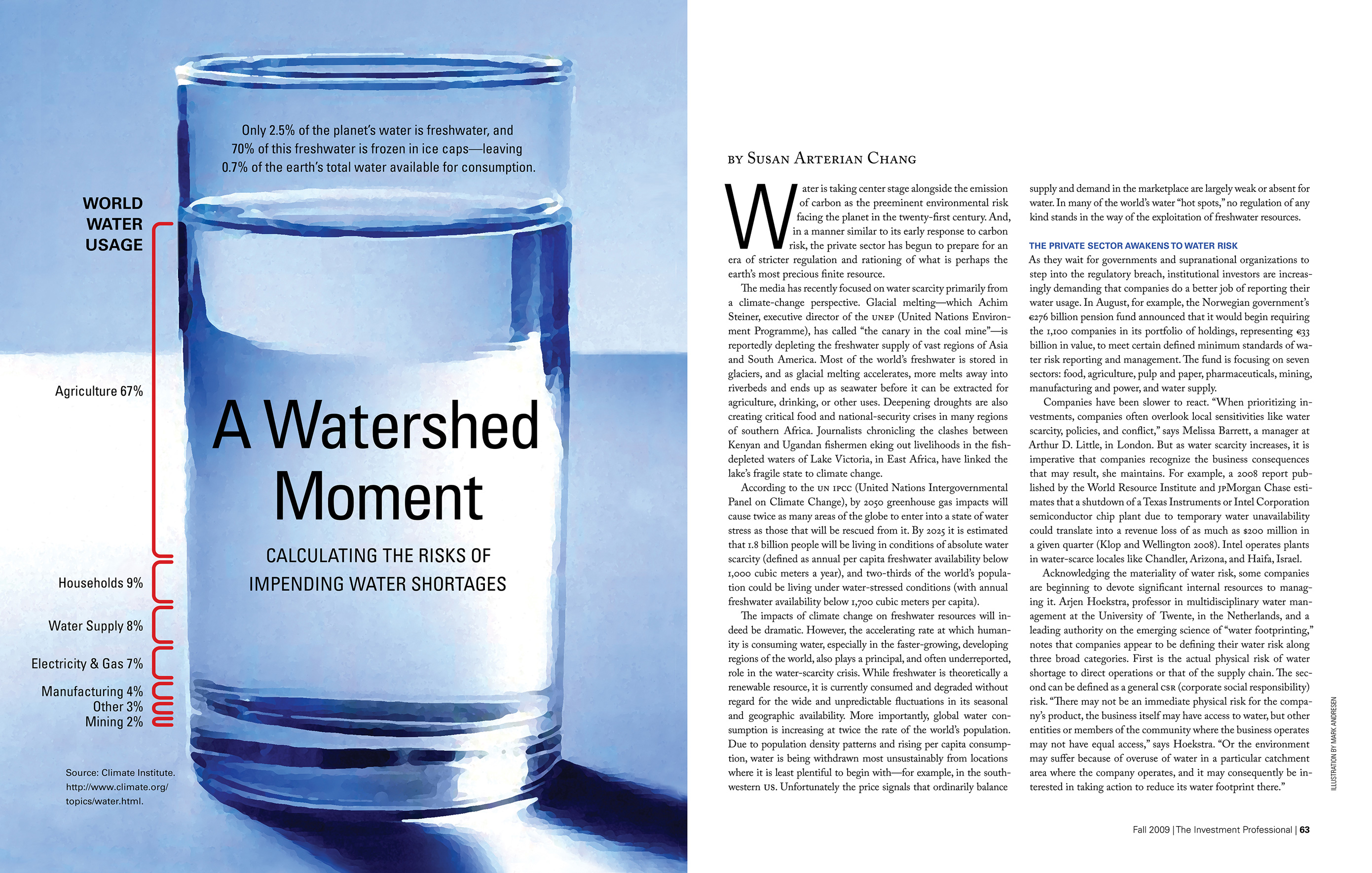 Opening spread of a feature article in The Investment Professional magazine, titled 'A Watershed Moment: Calculating the Risks of Impending Water Shortages.' A full-page illustration of a water glass in blue tones serves as a backdrop for an infographic on percentages of world water usage by industry.