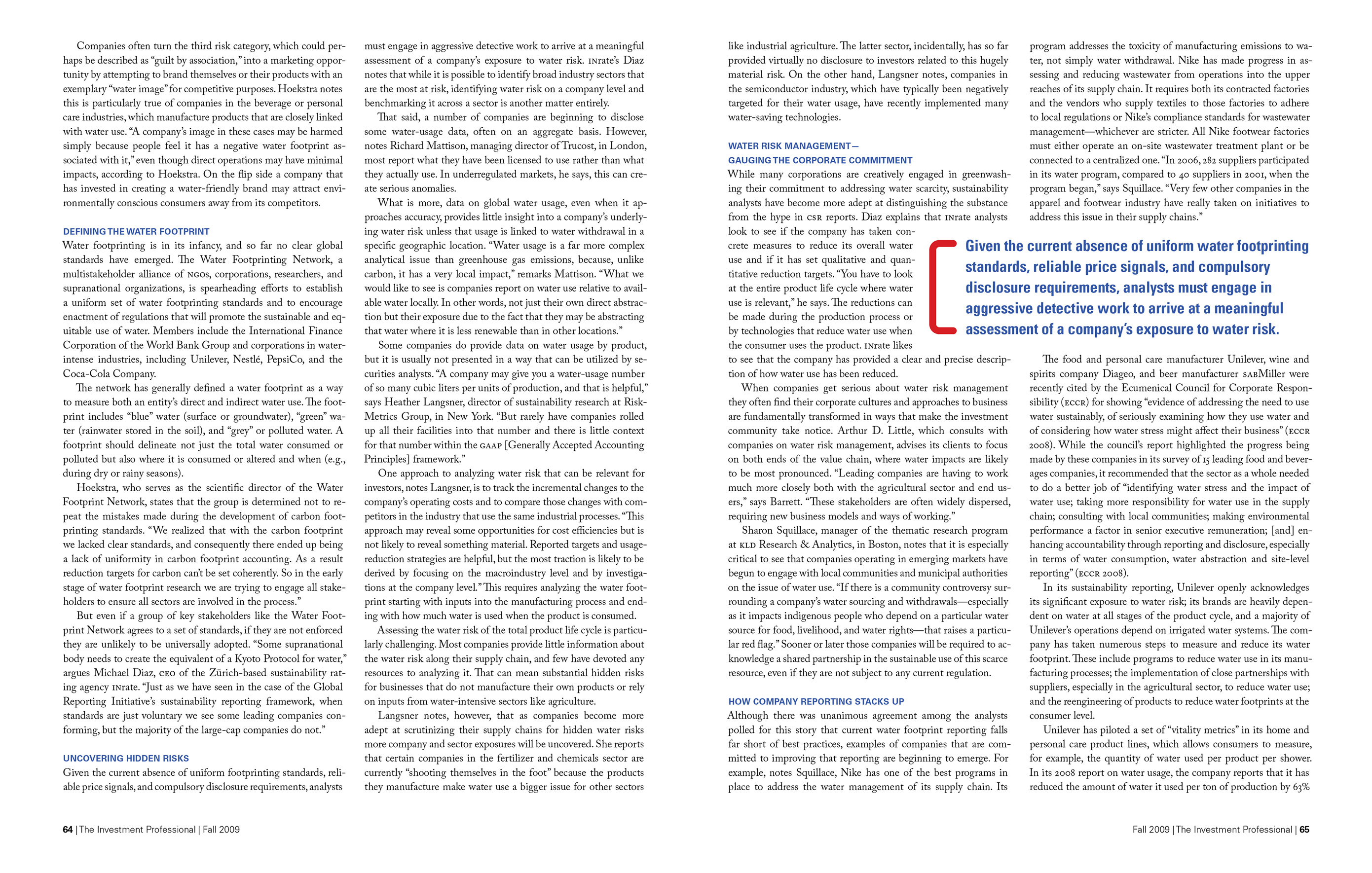 Second spread of the article titled 'A Watershed Moment.' A pull quote in blue and red addresses the assessment of exposure to water risk.