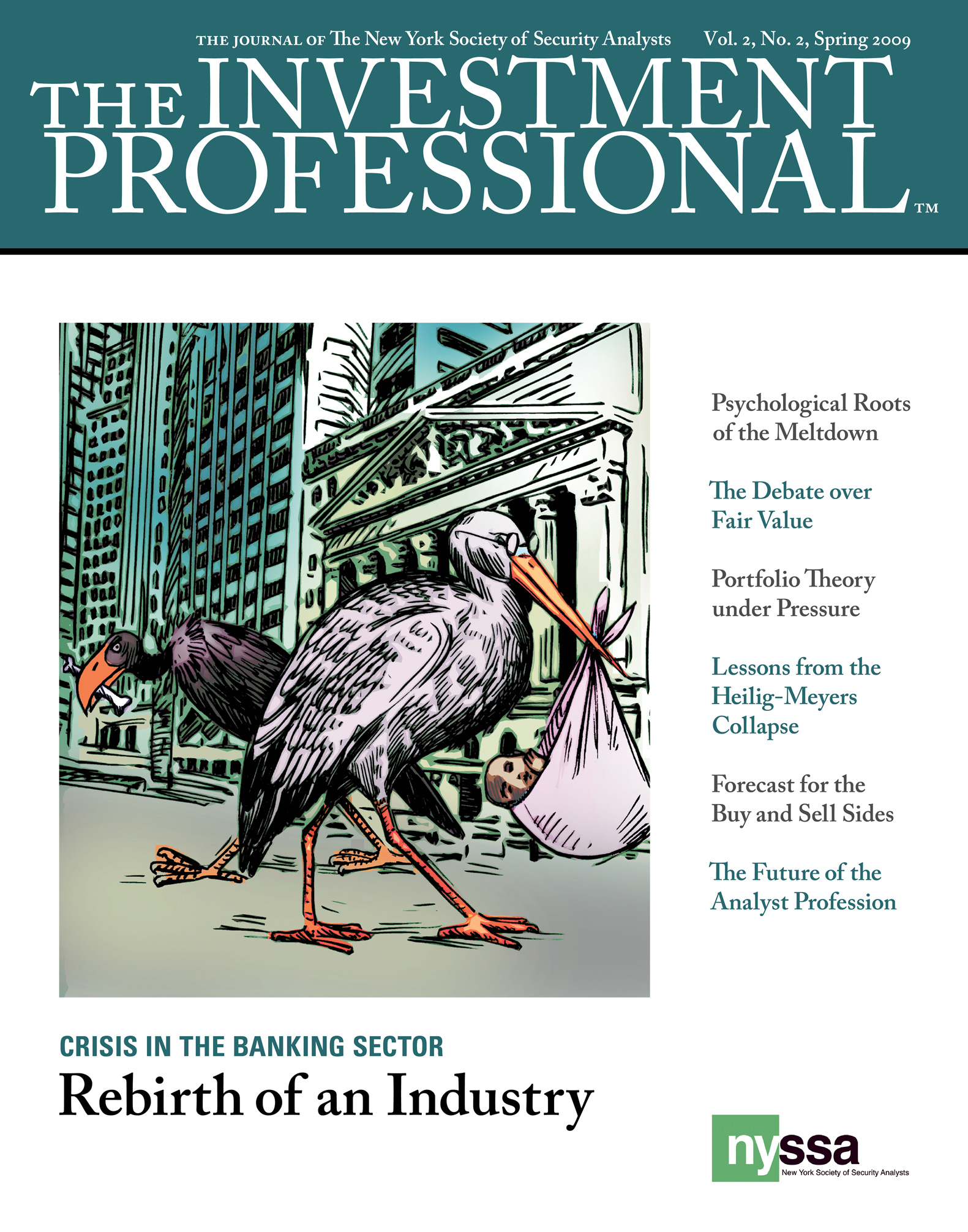 Cover of The Investment Professional with an illustration of a stork and a vulture for the story titled 'Crisis in the Banking Sector: Rebirth of an Industry.'
