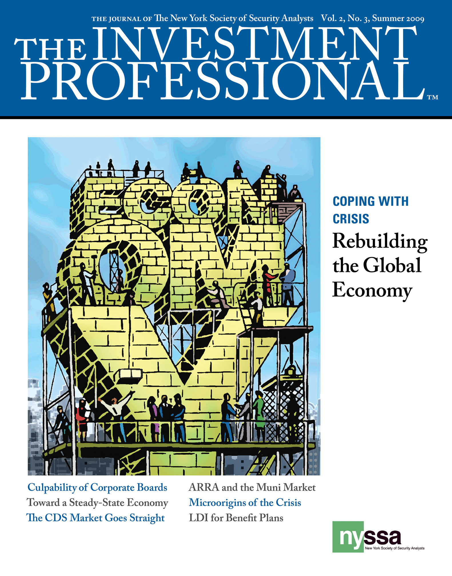 Cover of The Investment Professional with an illustration of construction workers building the word 'Economy' in brick.