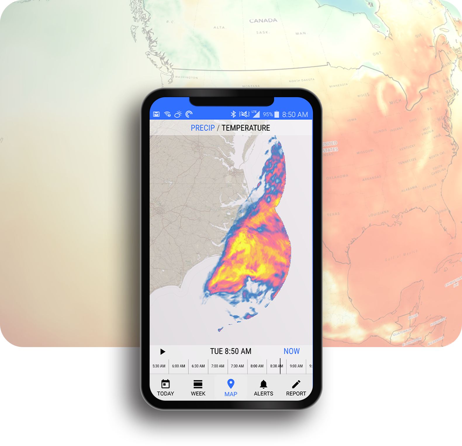 Composite image of weather app created for Dark Sky. Images are US maps overlain by weather patterns shown in red, orange, yellow, pink, and blue. Top image sits within the frame of a smartphone.
