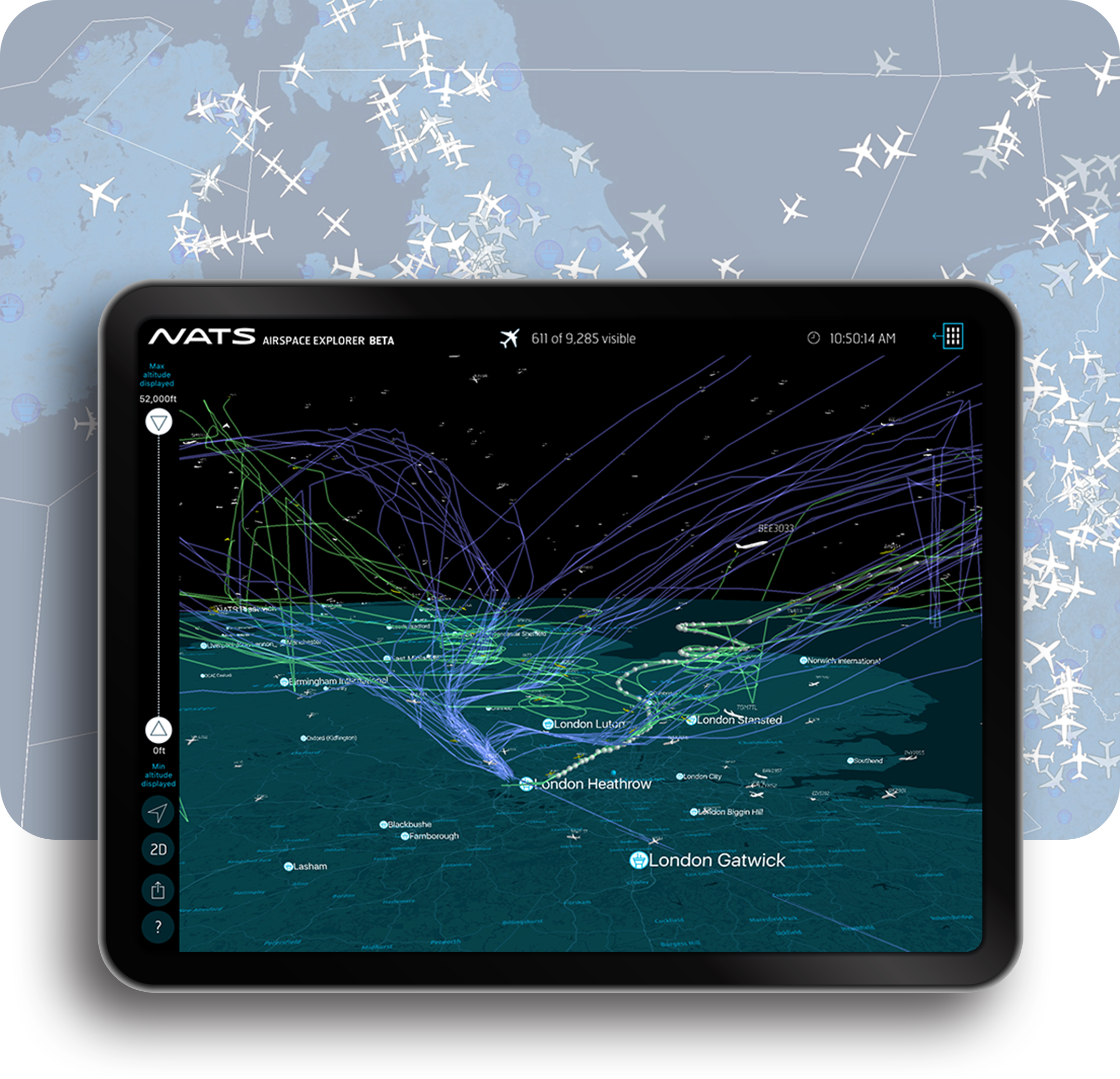 Composite image of weather app created for the National Air Traffic Control System of the UK. The bottom image is a map of northern Europe in blue, with flight patterns marked by airplane icons in white. Top image is a map of the UK showing airports as dots and flight patterns as lines, all in blues, greens, and purples. Top image sits within the frame of a tablet in landscape view.