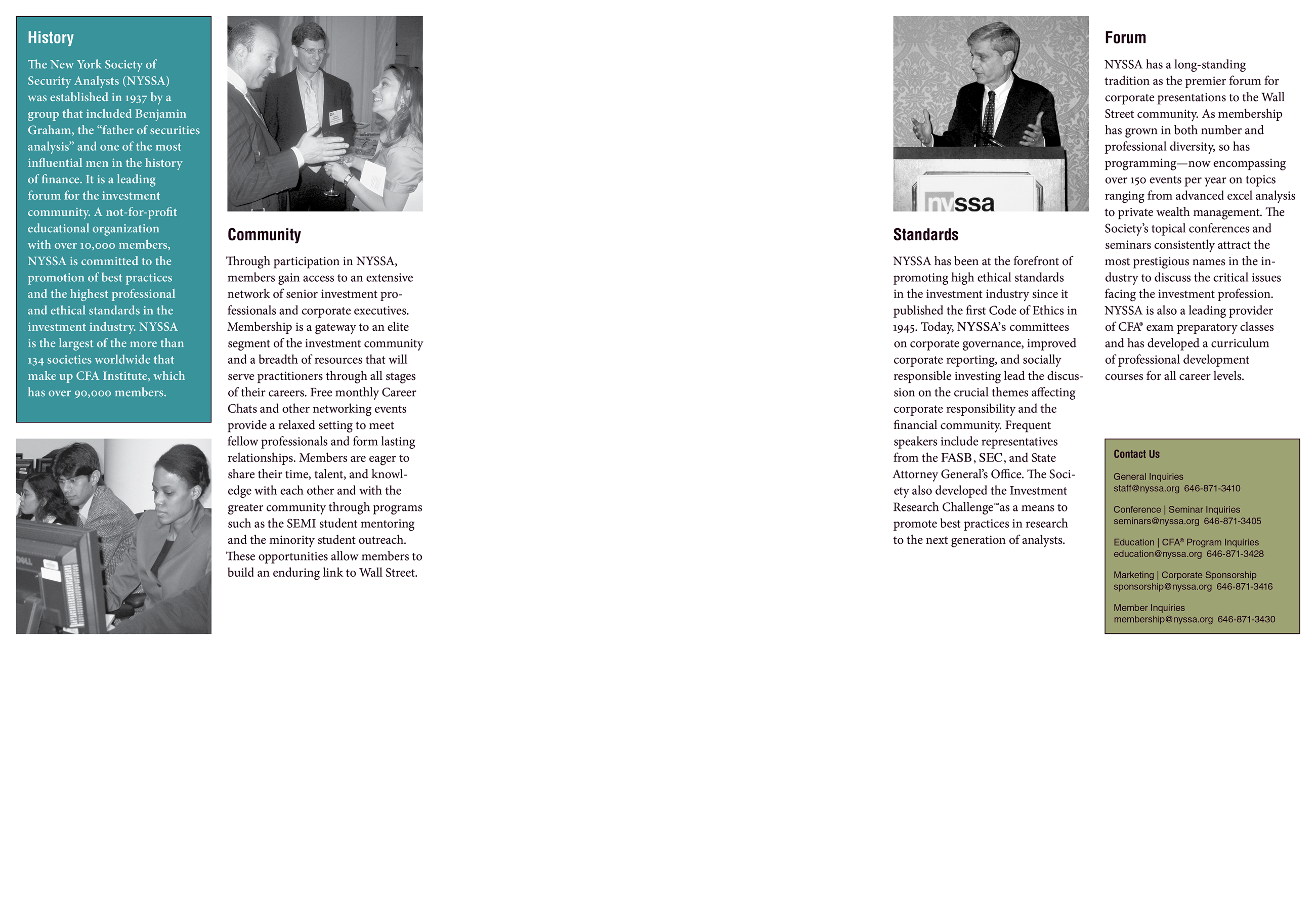 Inside cover of trifold brochure for the New York Society of Security Analysts, unfolded, showing photos and text that go with the three themes of community, standards, and forum. Includes photo of Robert Rubin, former U.S. secretary of the treasury.