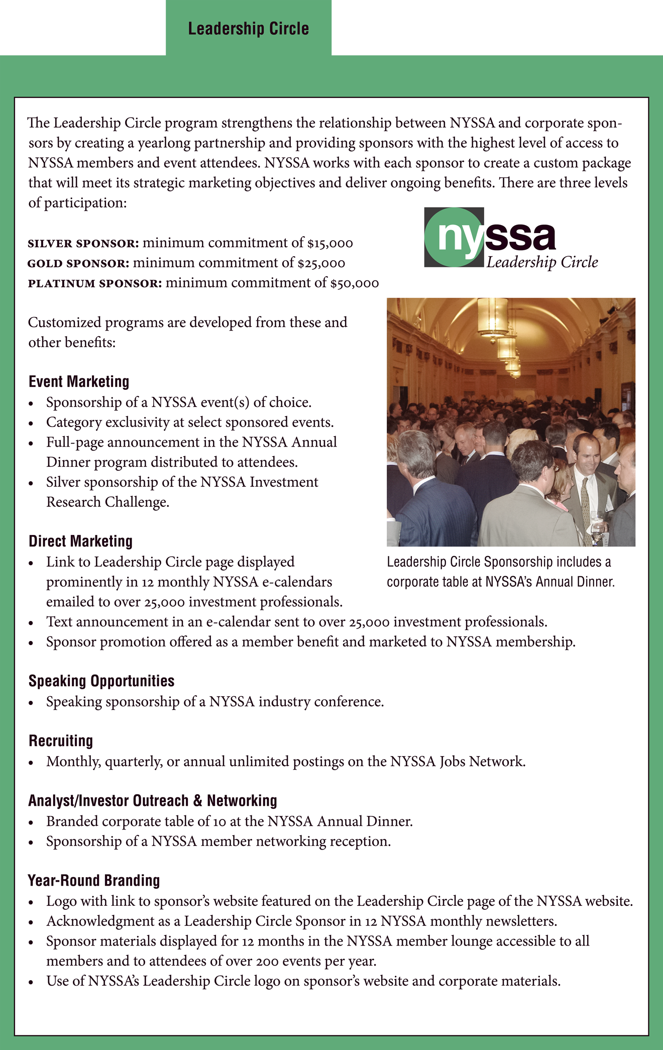 Insert about the benefits of joining the Leadership Circle of the New York Society of Security Analysts. Includes photo of a reception hall filled with people.