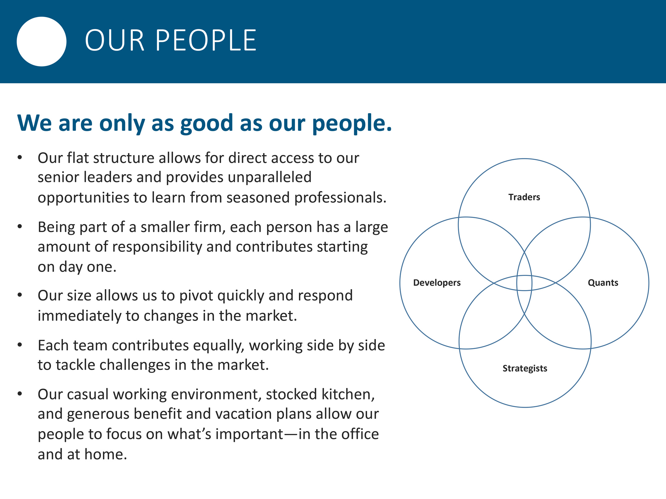 Slide for an options-trading firm. The slide begins with a statement: 'We are only as good as our people.' Bullet points follow. On the right-hand side is a Venn diagram listing roles: traders, quants, strategists, and developers.