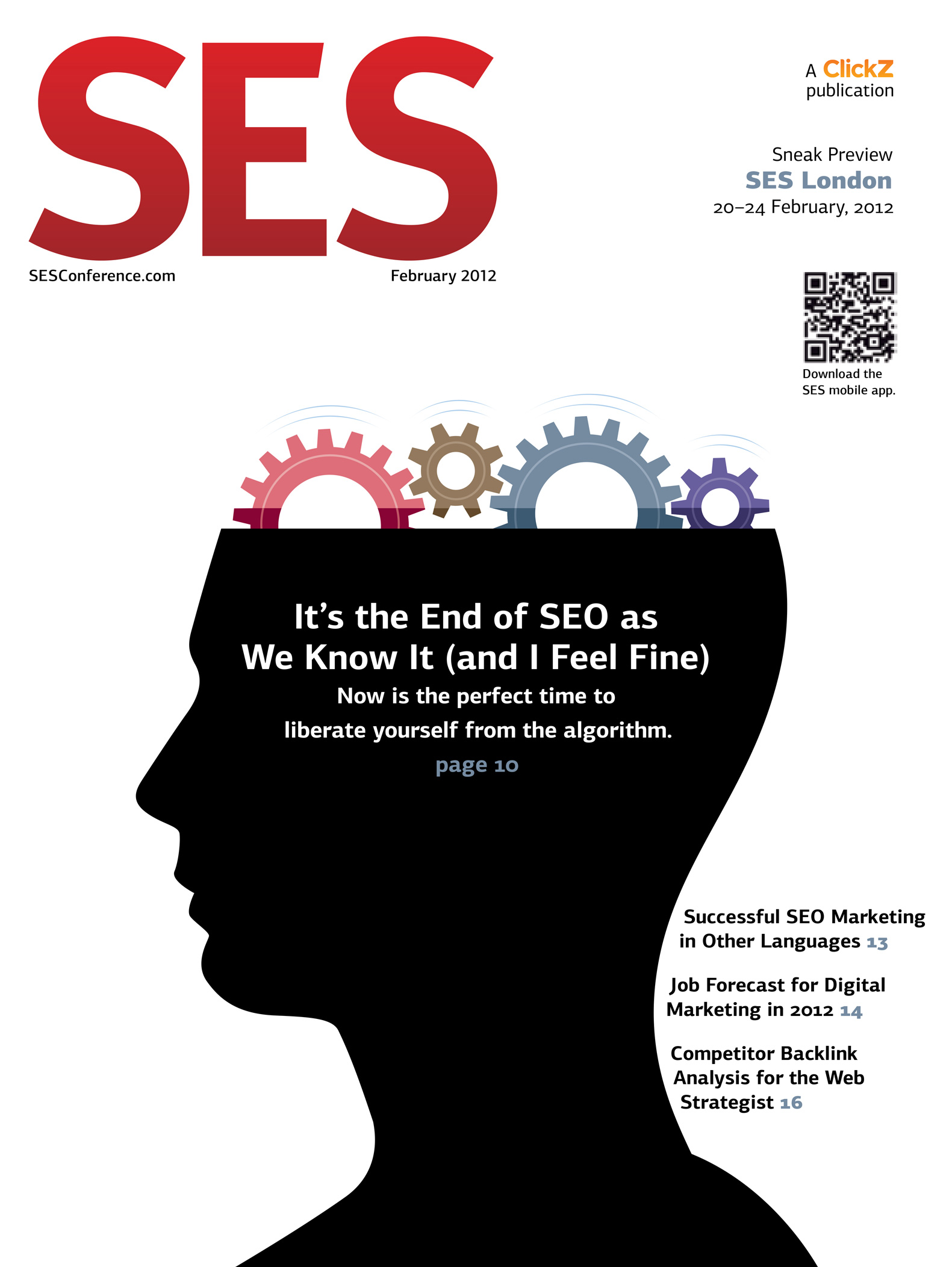 Cover of SES Magazine with an illustration of gears emerging from a human head for the story titled 'It's the End of SEO as We Know It (and I Feel Fine).'