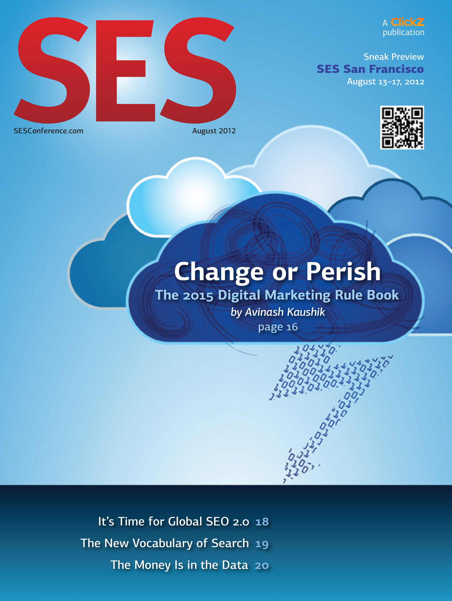 Cover of SES Magazine with an illustration of a lightning storm for the story titled 'Change or Perish: The Digital Marketing Rule Book.'