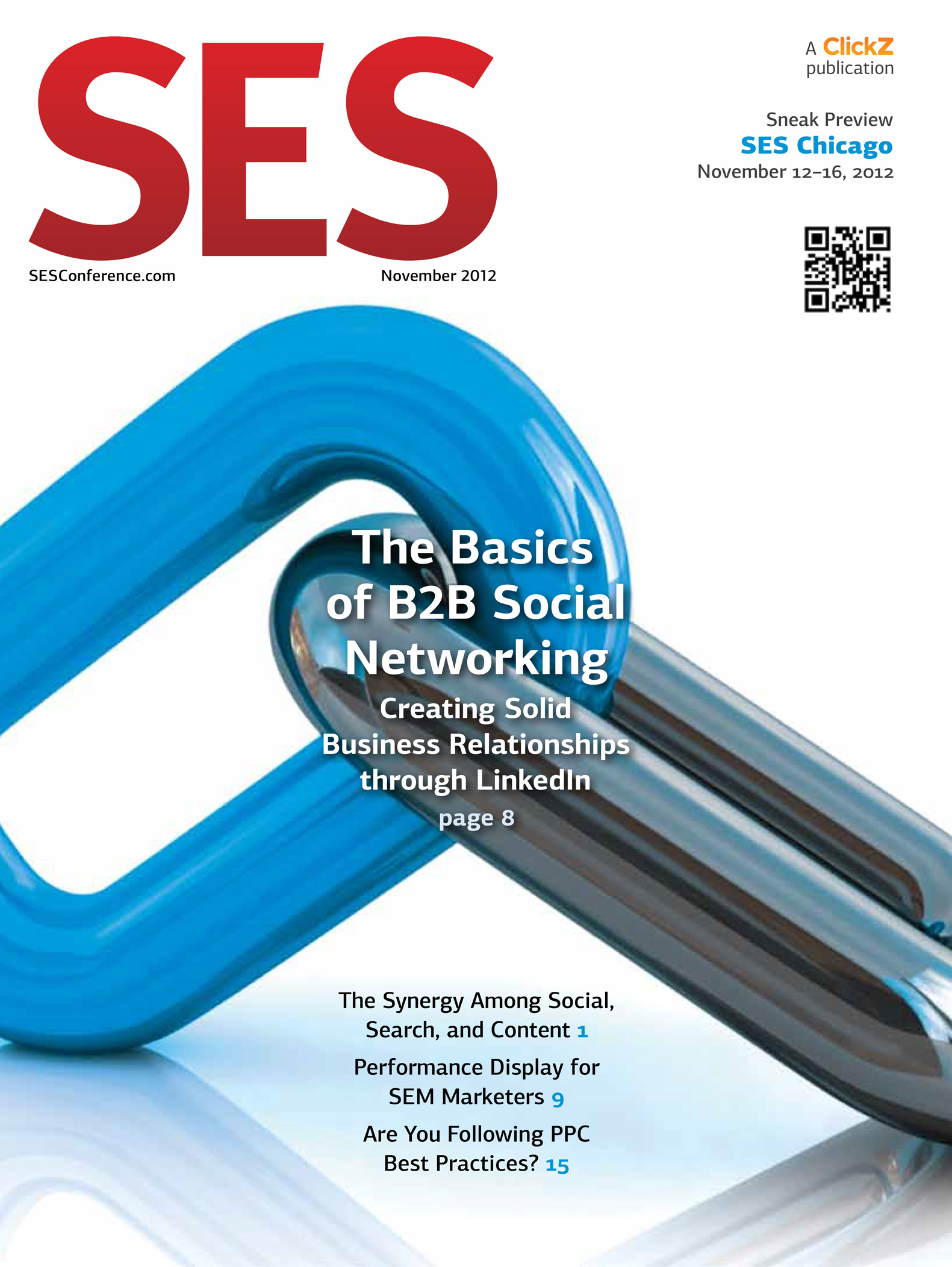 Cover of SES Magazine with an illustration of chain links for the story titled 'The Basics of B2B Social Networking.'