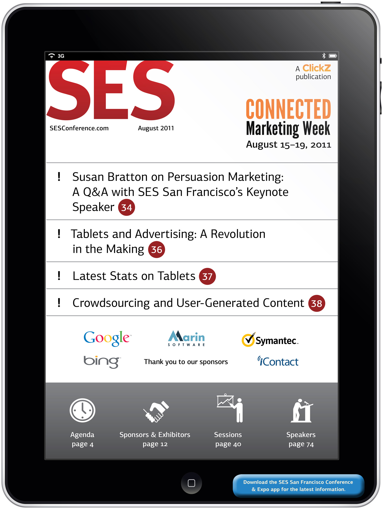 Cover of SES Magazine designed to look like the screen of an iPad.'