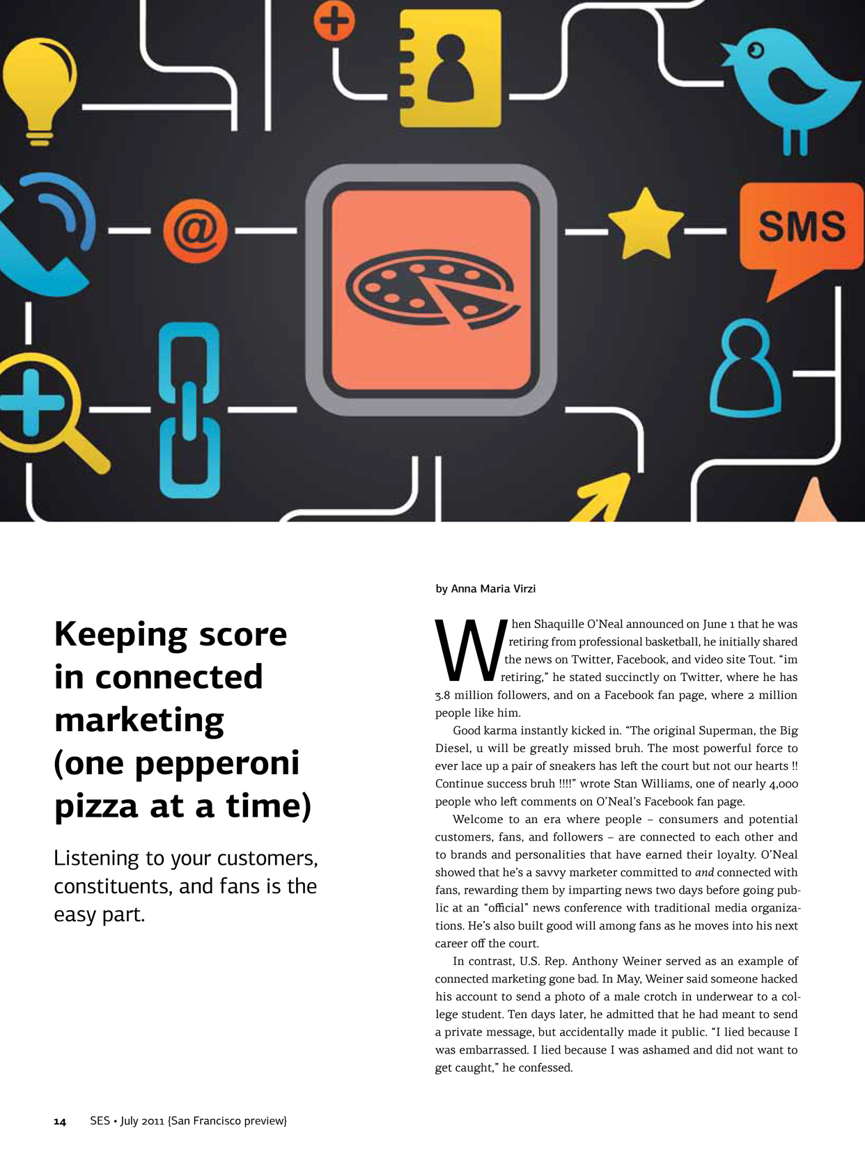 The first page of a feature article from SES Magazine that shows my redesign. The article is titled 'Keeping Score in Connected Marketing (Once Pepperoni Pizza at a Time). It shows vector art of a pizza and of icons having to do with marketing and social media.