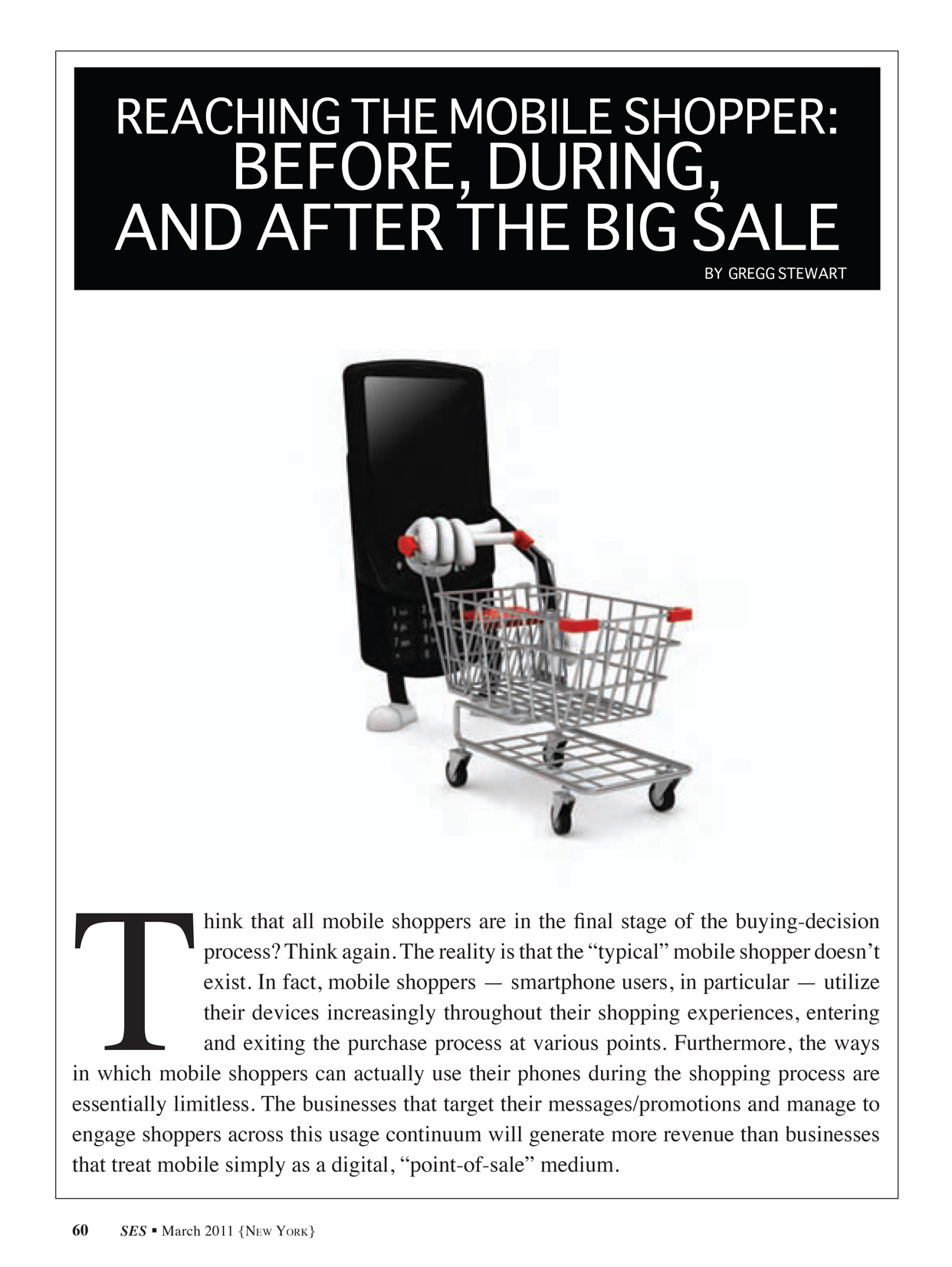 The first page of a feature article that ran in SES Magazine before I redesigned the publication. The article is titled 'Reaching the Mobile Shopper: Before, During, and After the Big Sale.' It shows a stock image of a mobile phone wheeling a shopping cart.