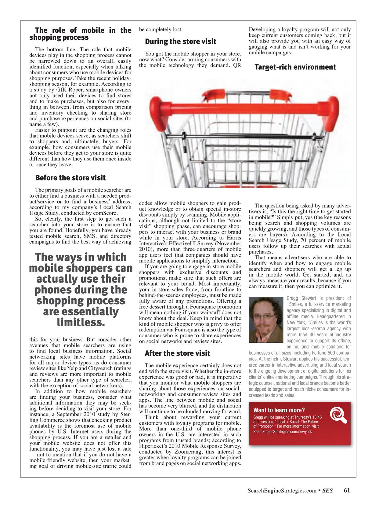 The second page of a feature article that ran in SES Magazine before I redesigned the publication. A large part of the page is taken up by a stock image of a shopping cart.
