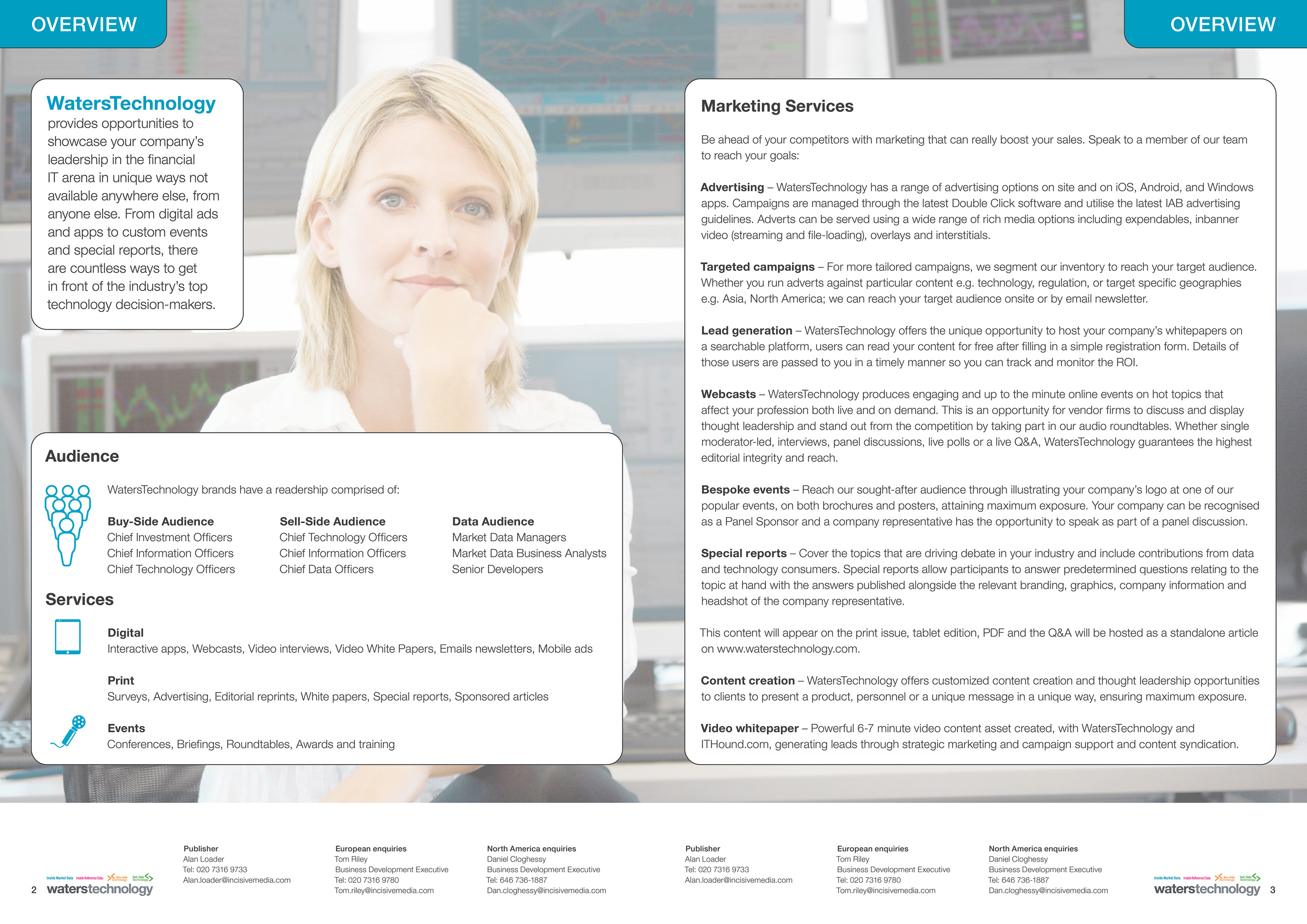 Inside spread of brochure for Waters Technology. The background is a photo of a woman standing in front of a bank of computer monitors and looking at the camera. Large areas of text describe Waters' audience and services.