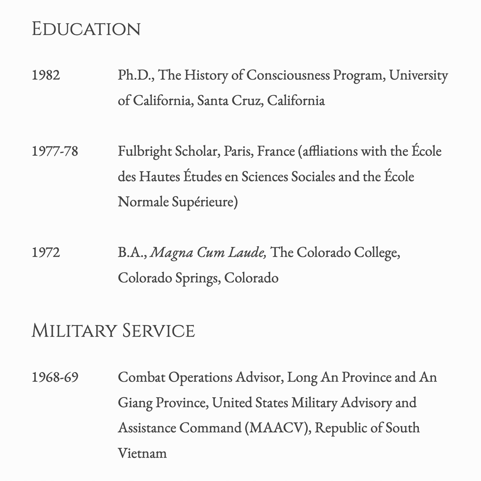 Snippet from curriculum vitae showing education and military service.