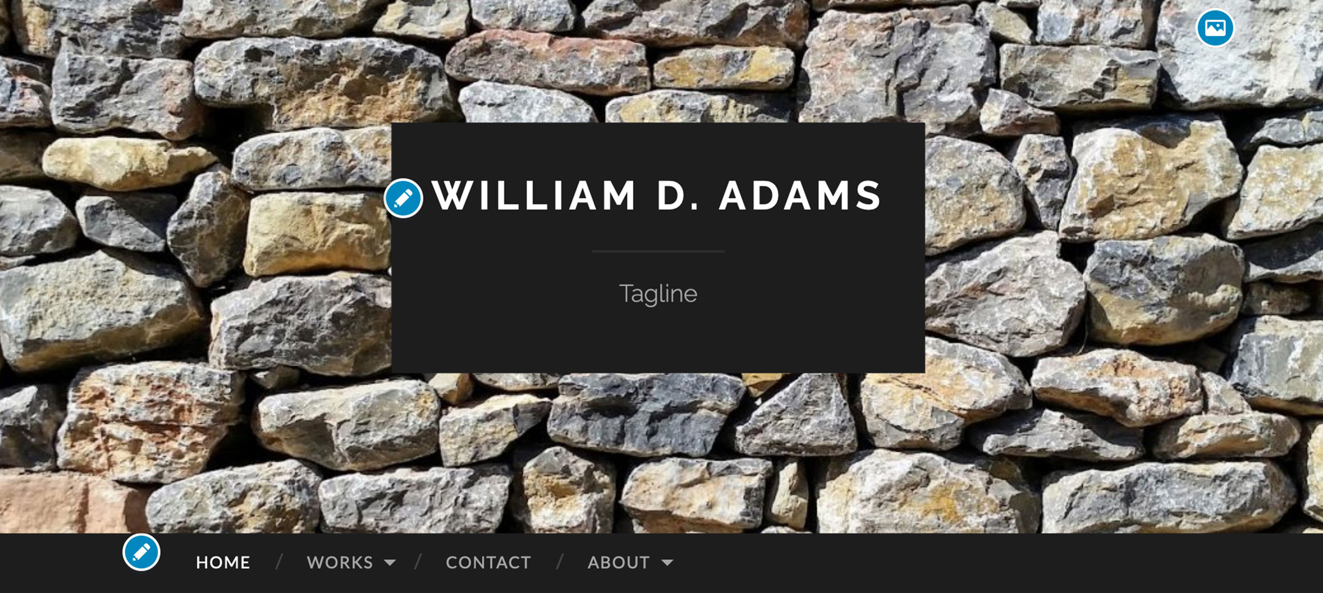 Possible hero image for WordPress blog, an ancient wall made of irregular grey and brown stones. The author's name and sample tagline are in a black frame in the center. The nav, which is white and light-grey text against a black background, is below.