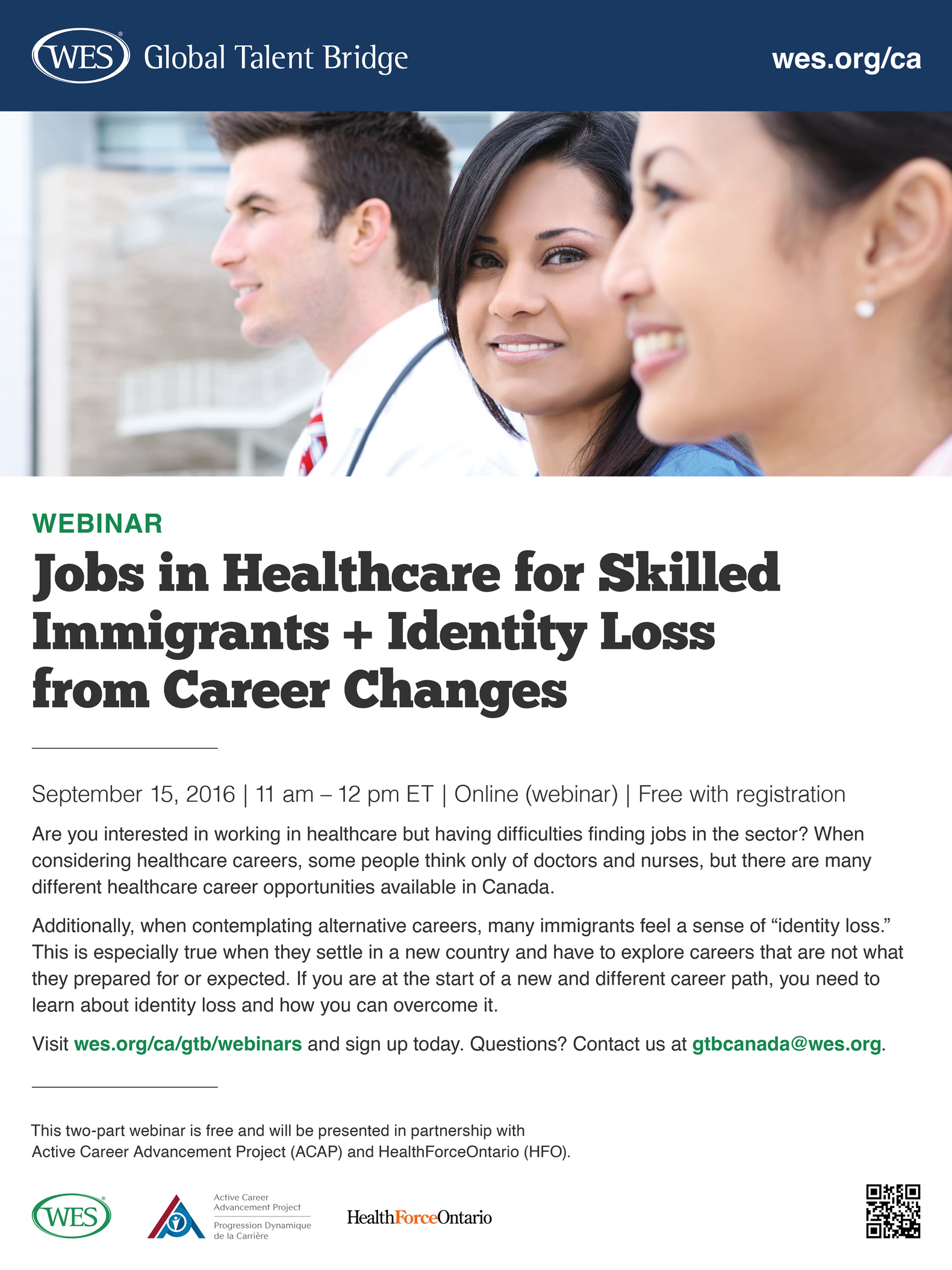 Flyer promoting a webinar on the topics of jobs in healthcare and identity loss from career changes.