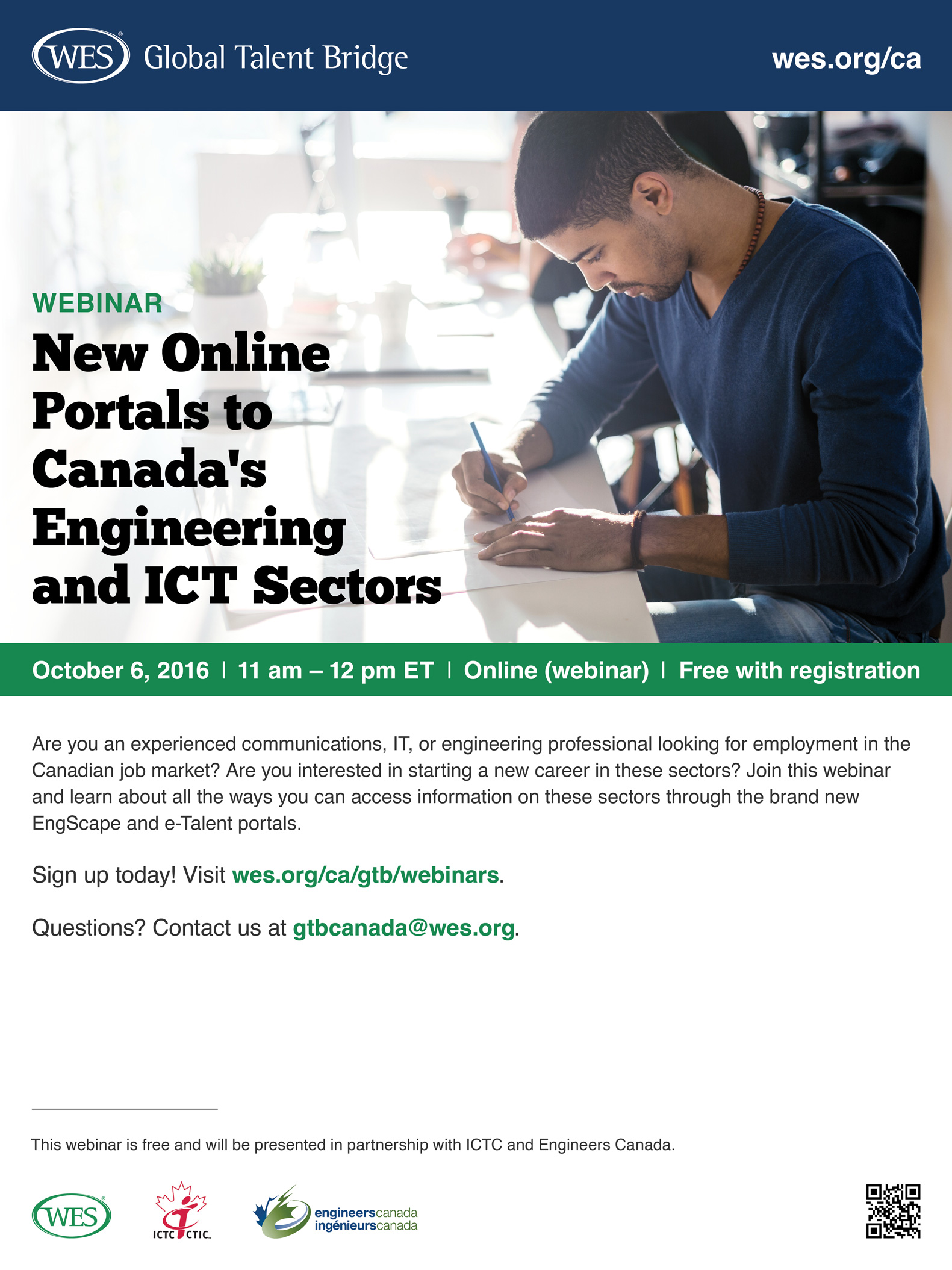 Flyer promoting a webinar on the topic of online career search for professionals in engineering, IT, and communications.