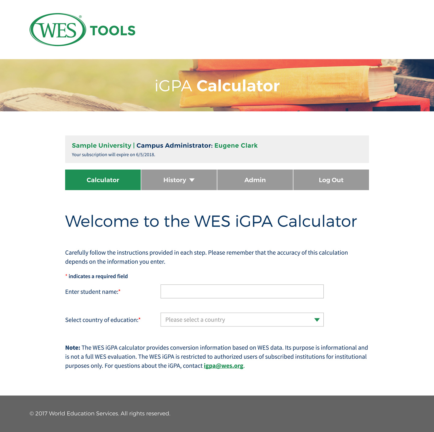 Design for the welcome page of World Education Services' iGPA calendar. Includes nav for calculator, history, admin, and logout; also includes text fields to enter student name and school.